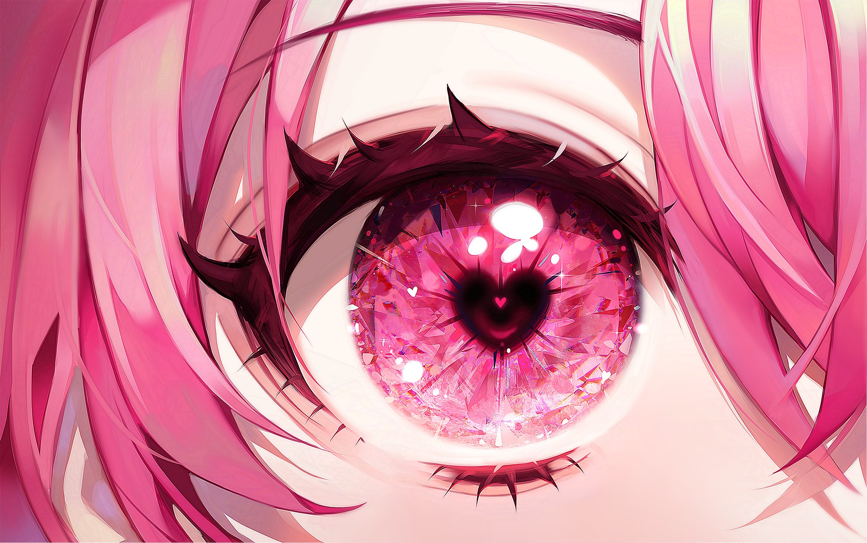 Close-up of anime eye with pink hair and heart pupil HD Wallpaper