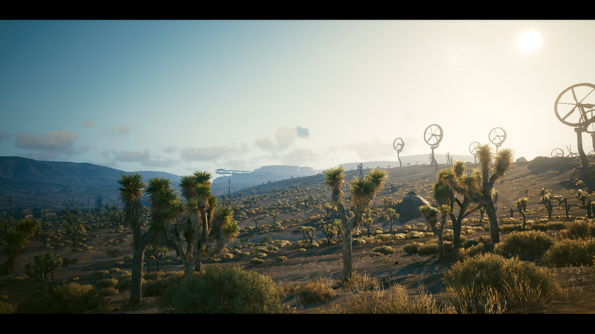 Cyberpunk 2077 Badlands with Joshua Trees and Windmills HD Wallpaper