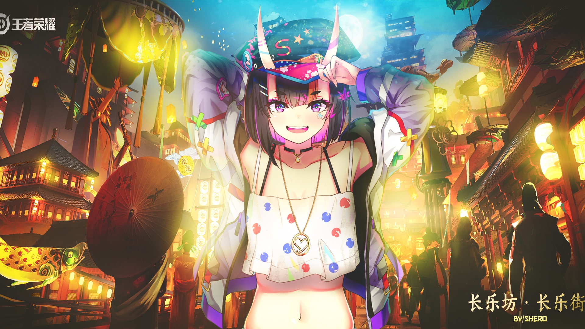 Anime girl with horns in a Japanese street HD Wallpaper