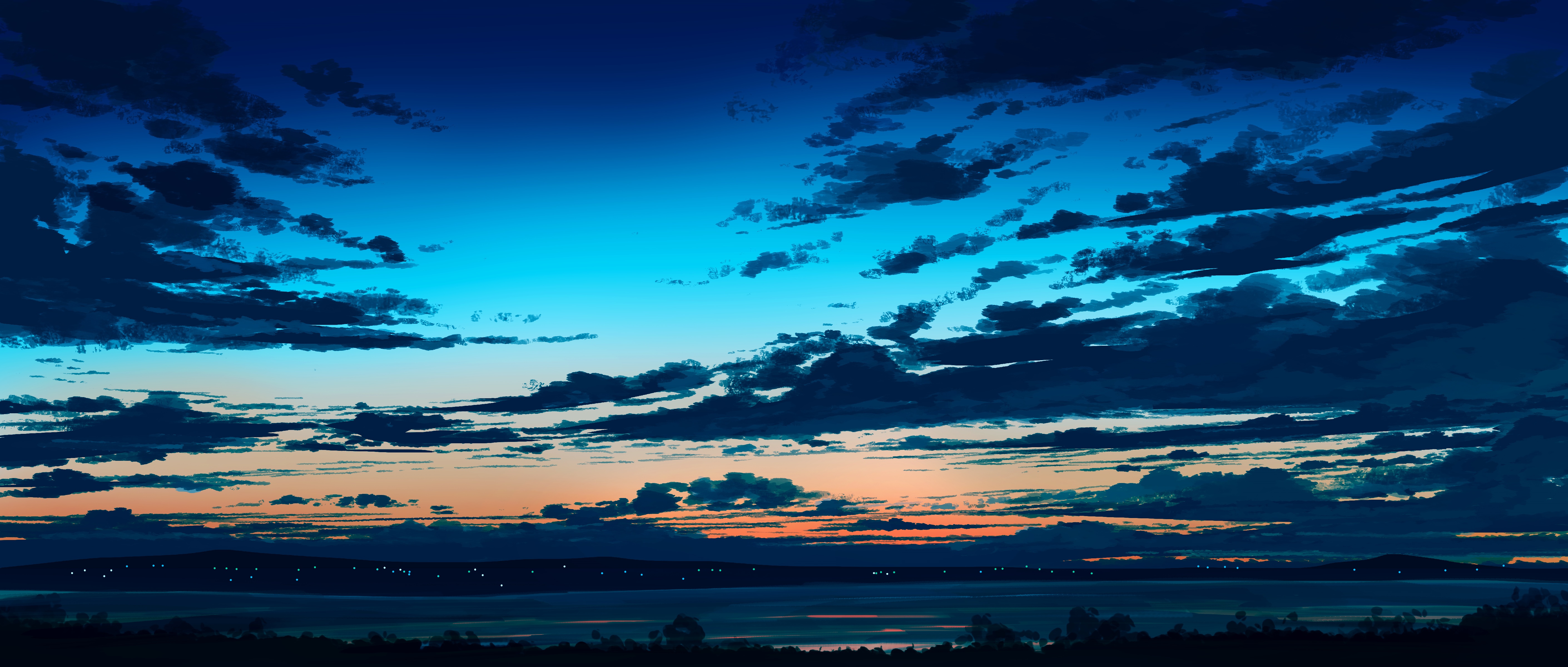 Anime sky with clouds at sunset HD Wallpaper