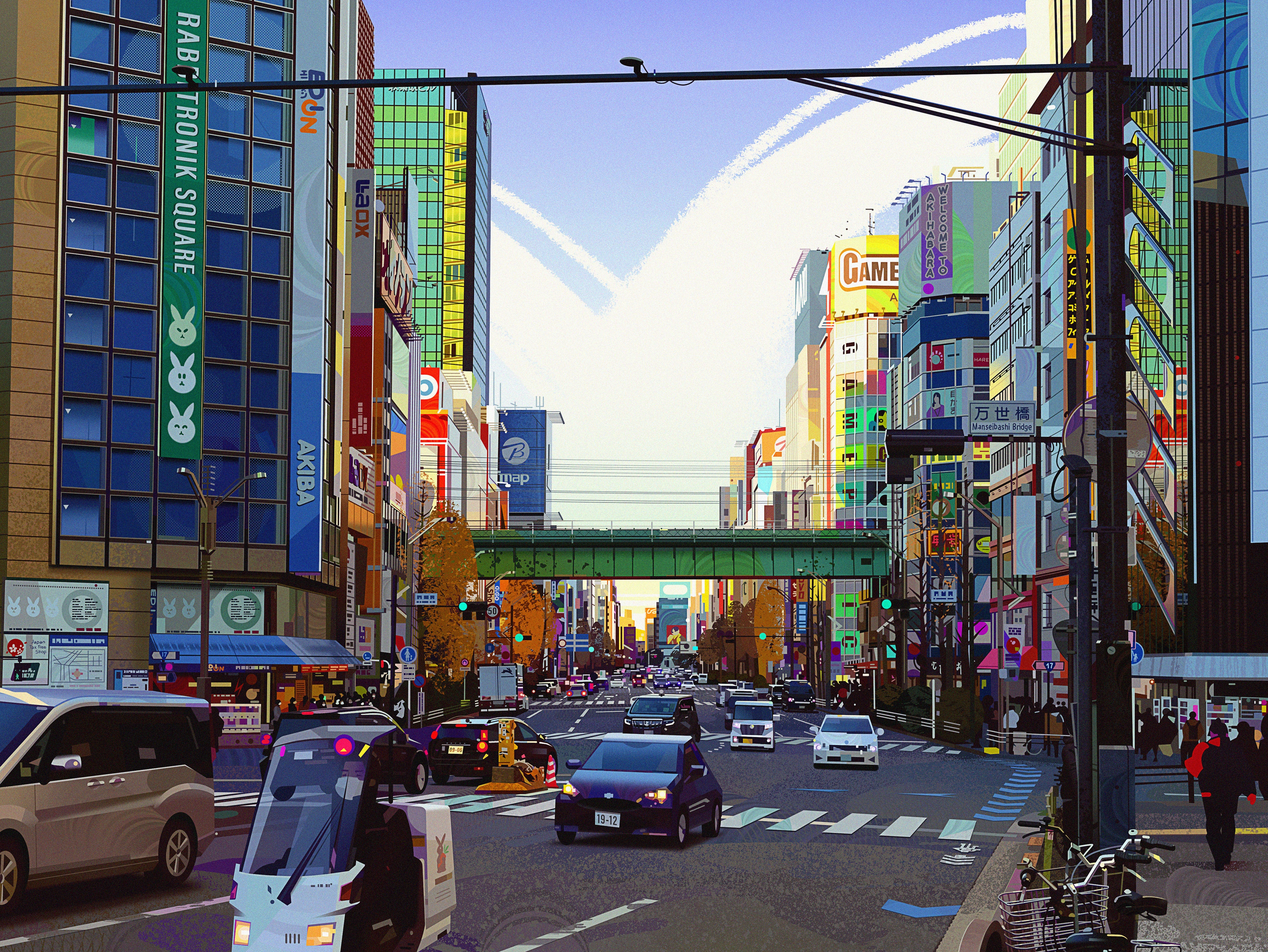 4K Akihabara street scene with traffic and buildings HD Wallpaper