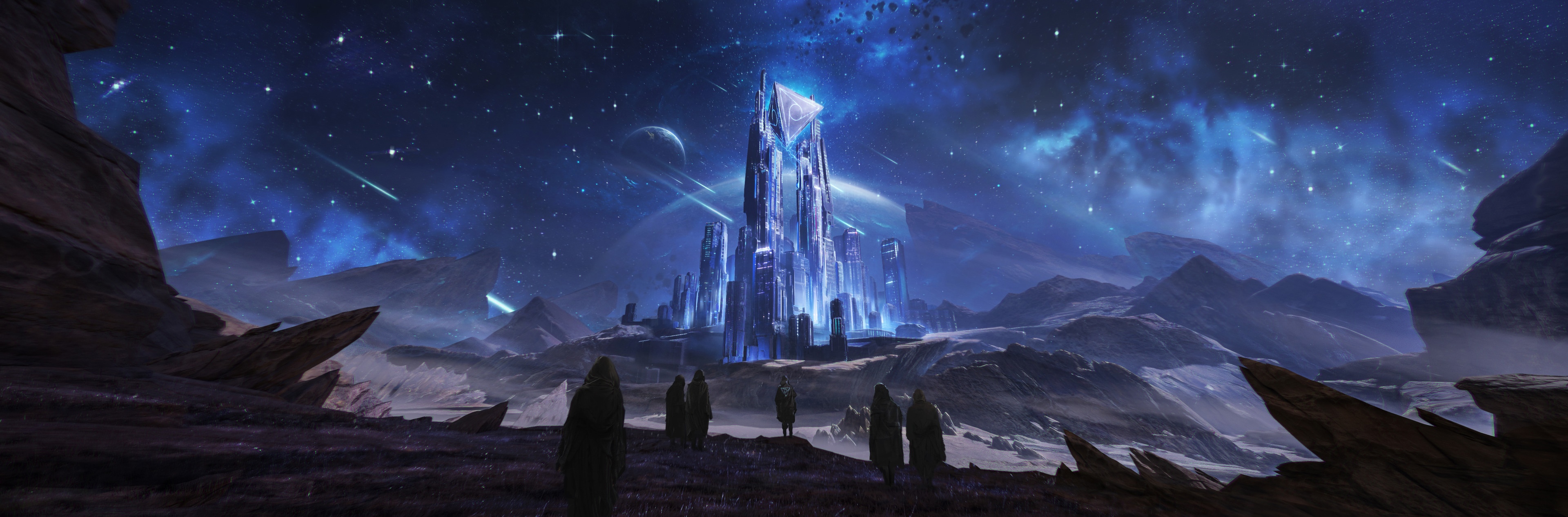 Rutger van de Steeg's Sci-Fi Cityscape Under a Starry Sky HD Wallpaper