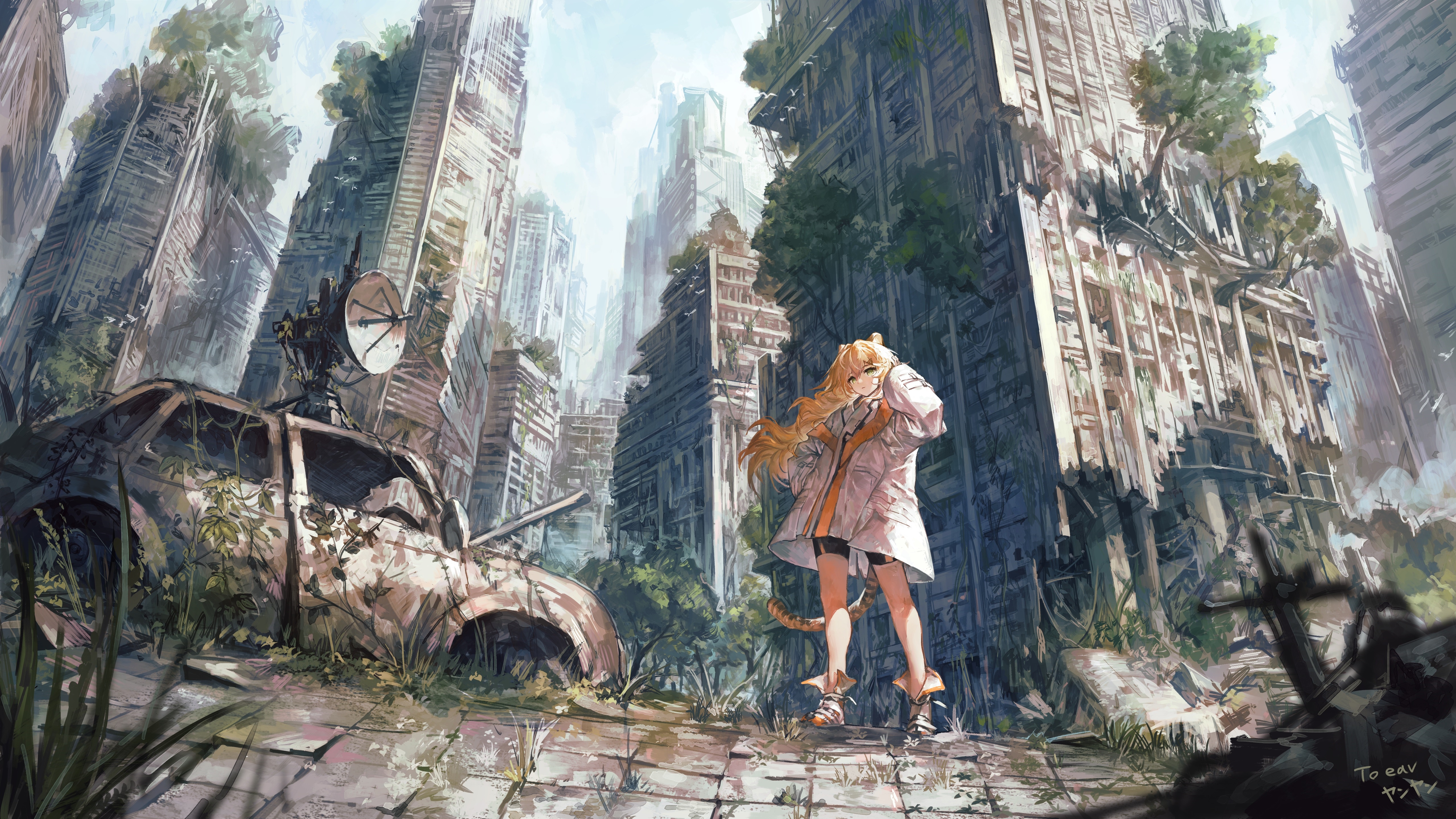 4K Cat Girl in Ruined City with Car HD Wallpaper