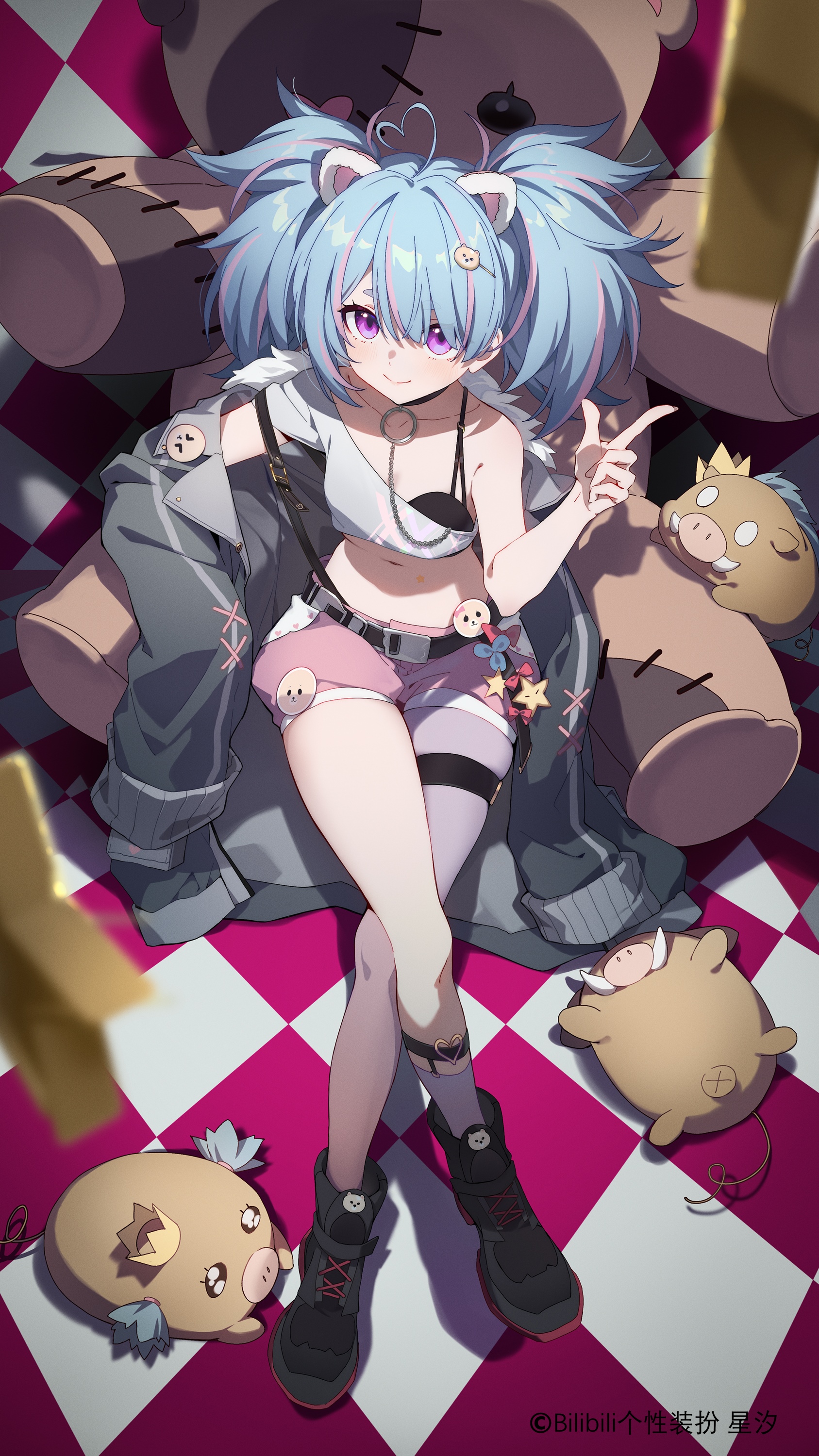 Girl with blue pigtails and teddy bears HD Phone Wallpaper