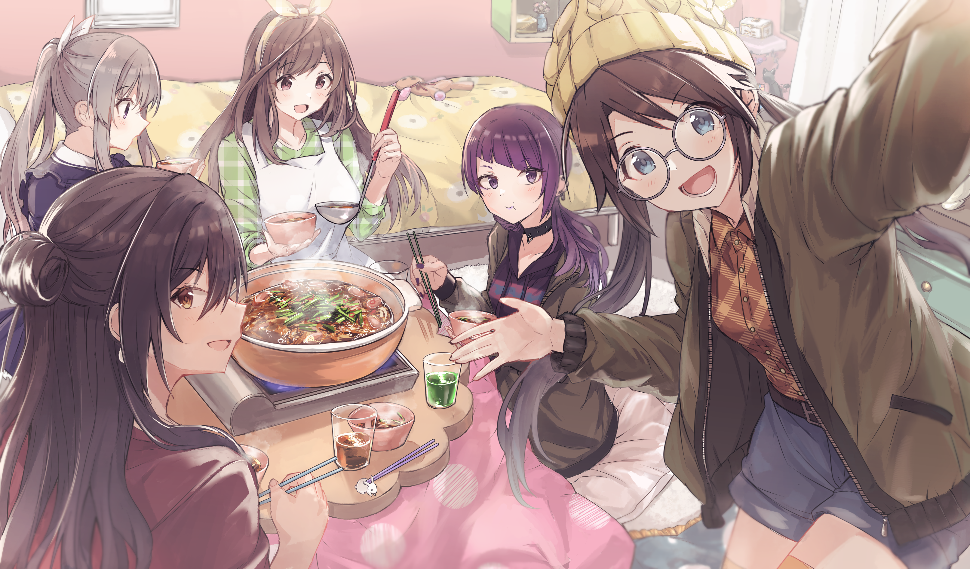 Anime girls eating hot pot and taking a selfie HD Wallpaper