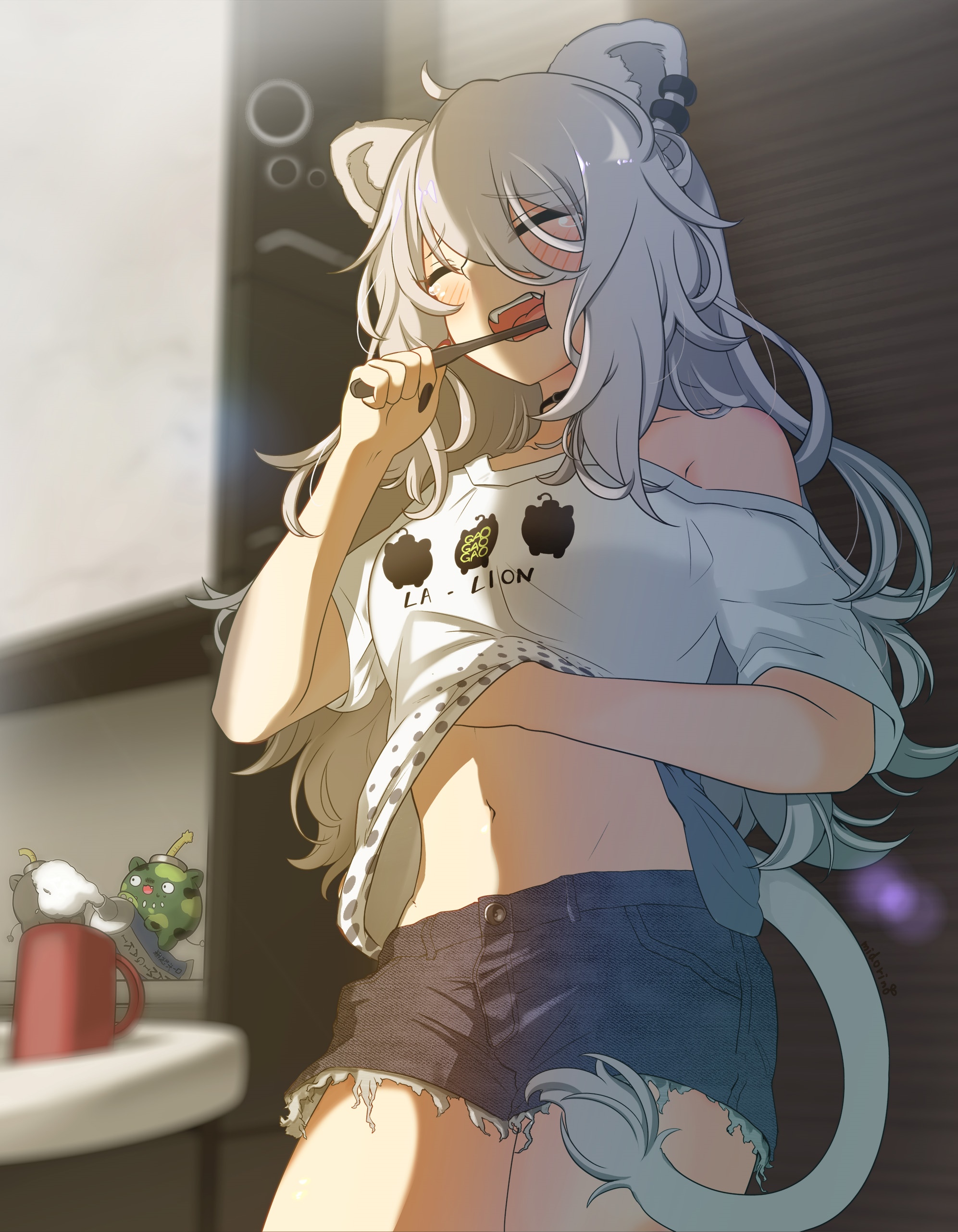 Shishiro Botan Brushing Teeth with Animal Ears and Tail HD Phone Wallpaper