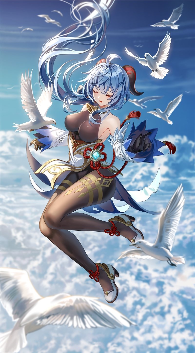 Genshin Impact Ganyu with birds in the sky HD Phone Wallpaper