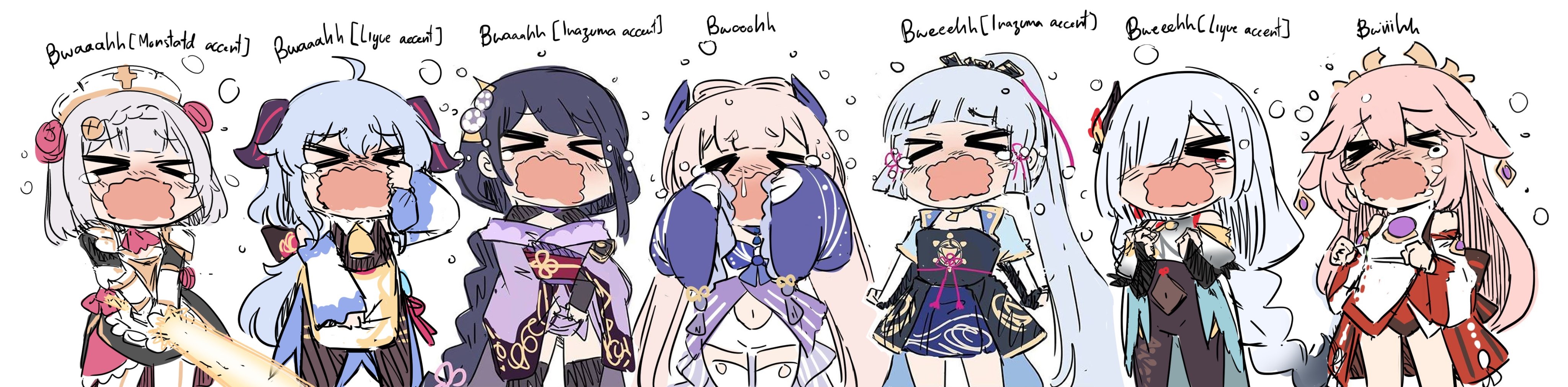 Genshin Impact characters crying in a line-up HD Wallpaper