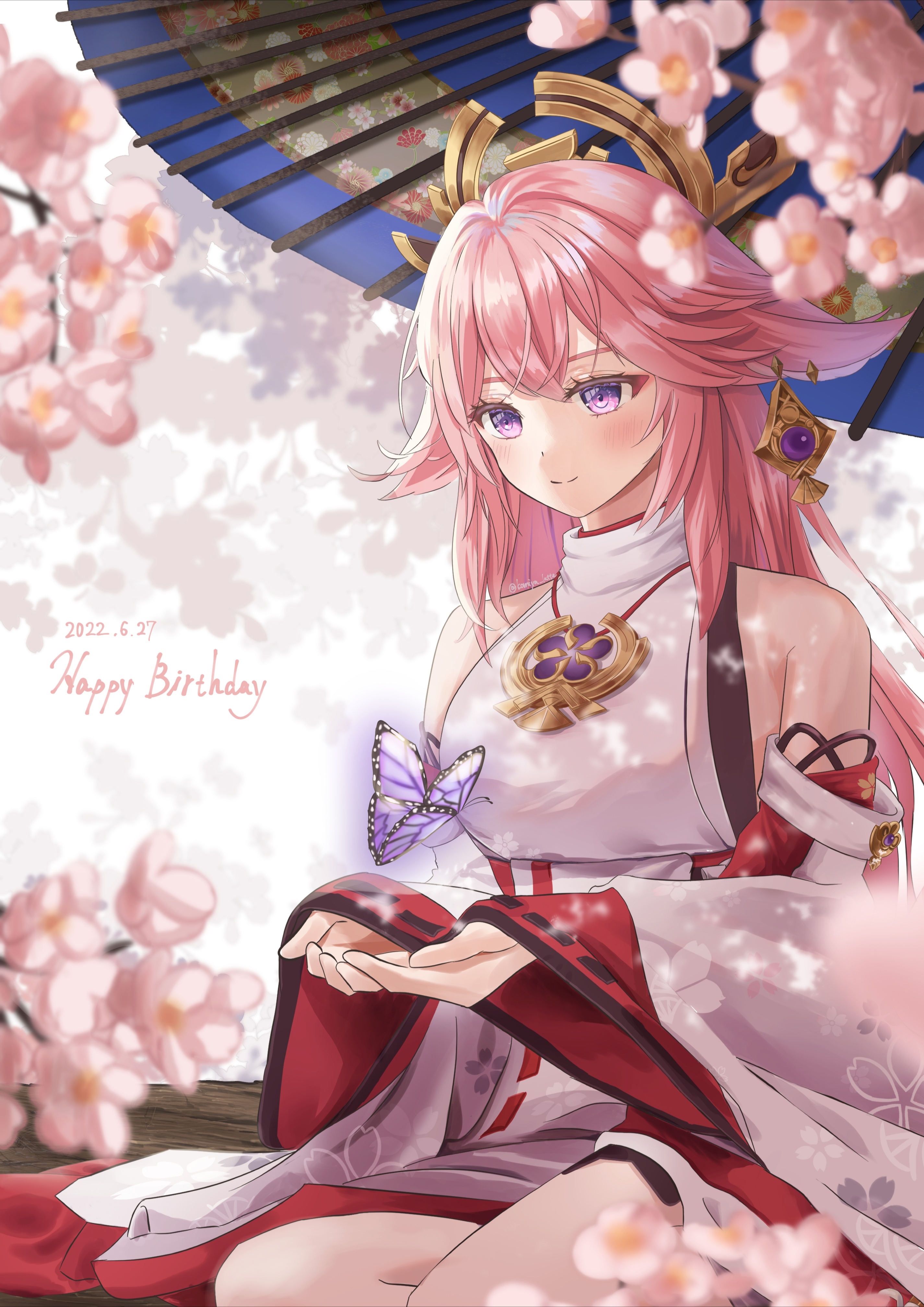 Yae Miko from Genshin Impact with a butterfly HD Phone Wallpaper