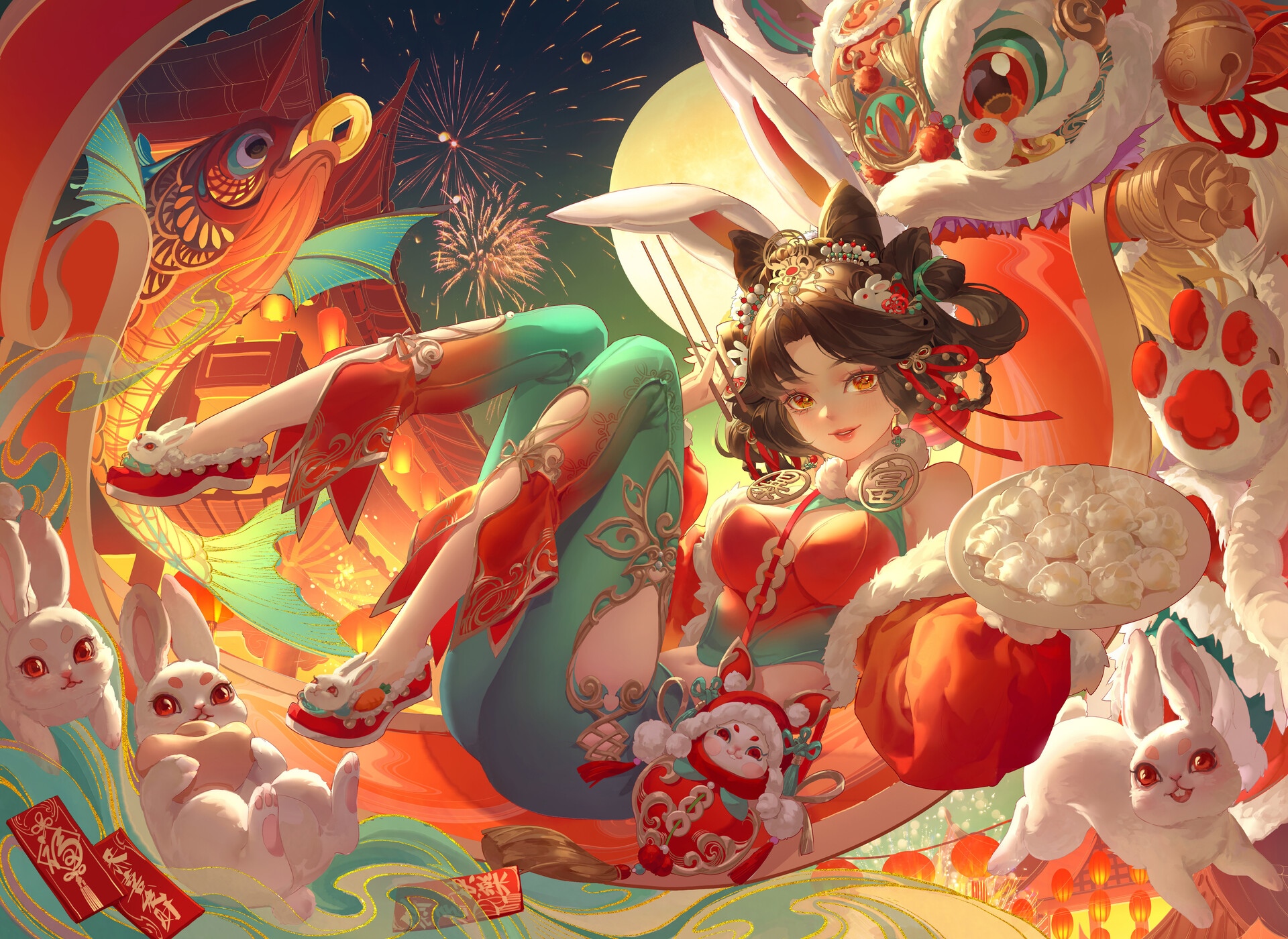 Anime Girl with Rabbits and Chinese New Year Decorations HD Wallpaper