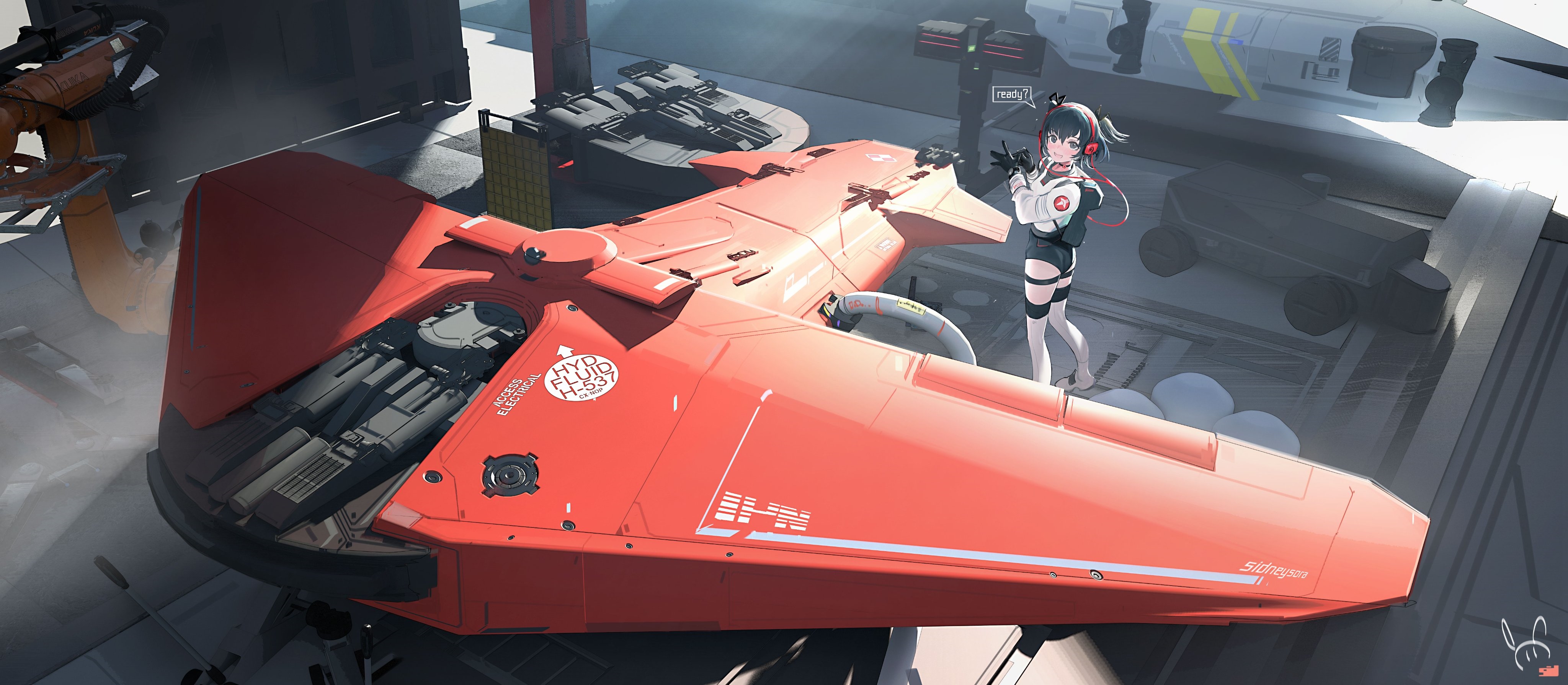 Girl with headphones near a futuristic red spaceship HD Wallpaper