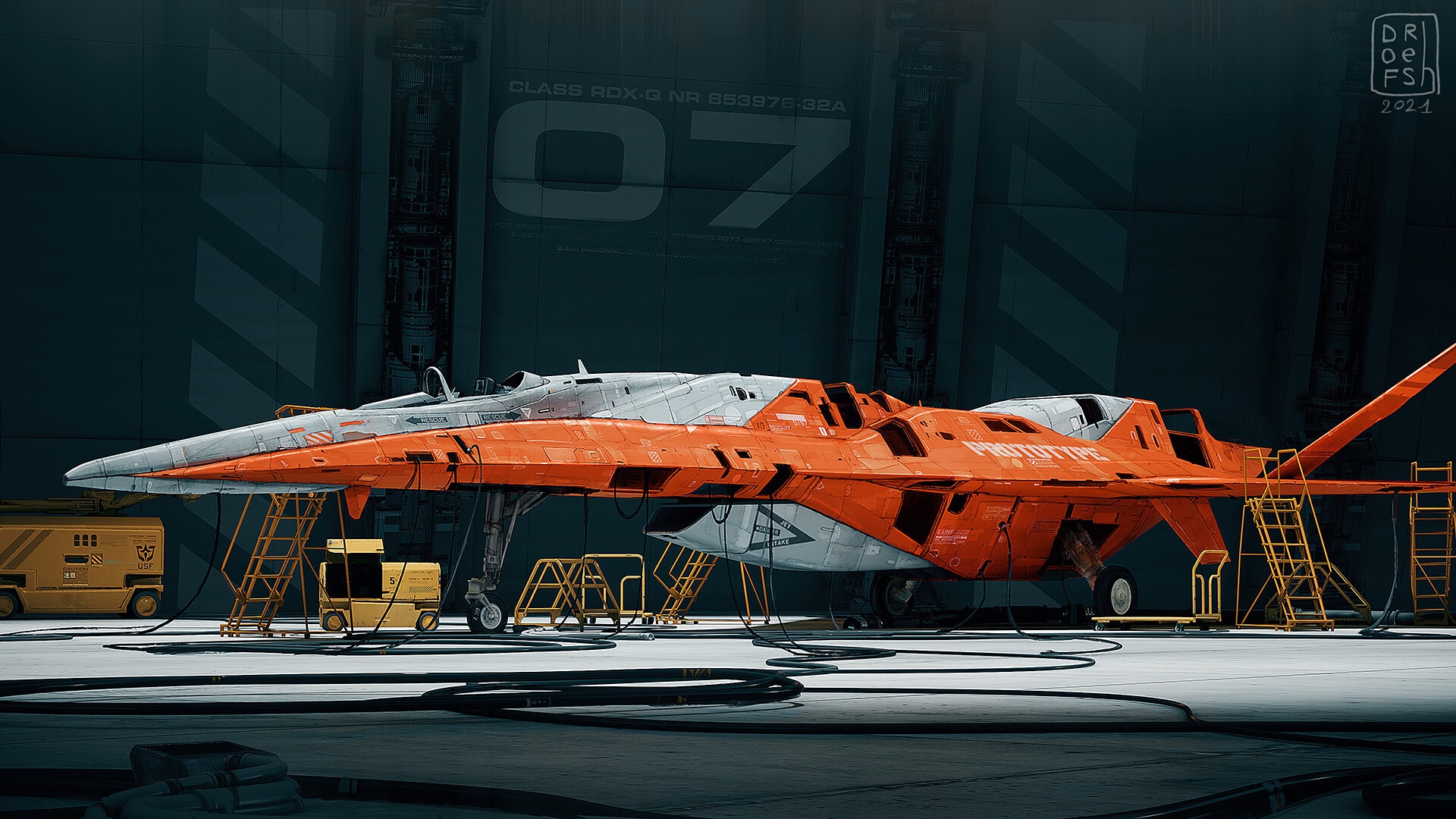 Futuristic orange and white prototype jet fighter in hangar HD Wallpaper