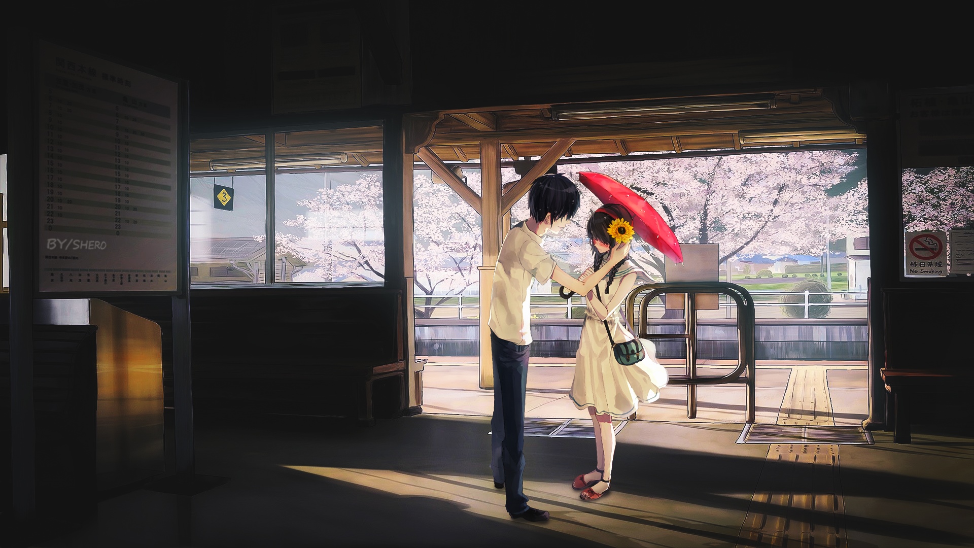 Anime couple sharing an umbrella at a train station HD Wallpaper