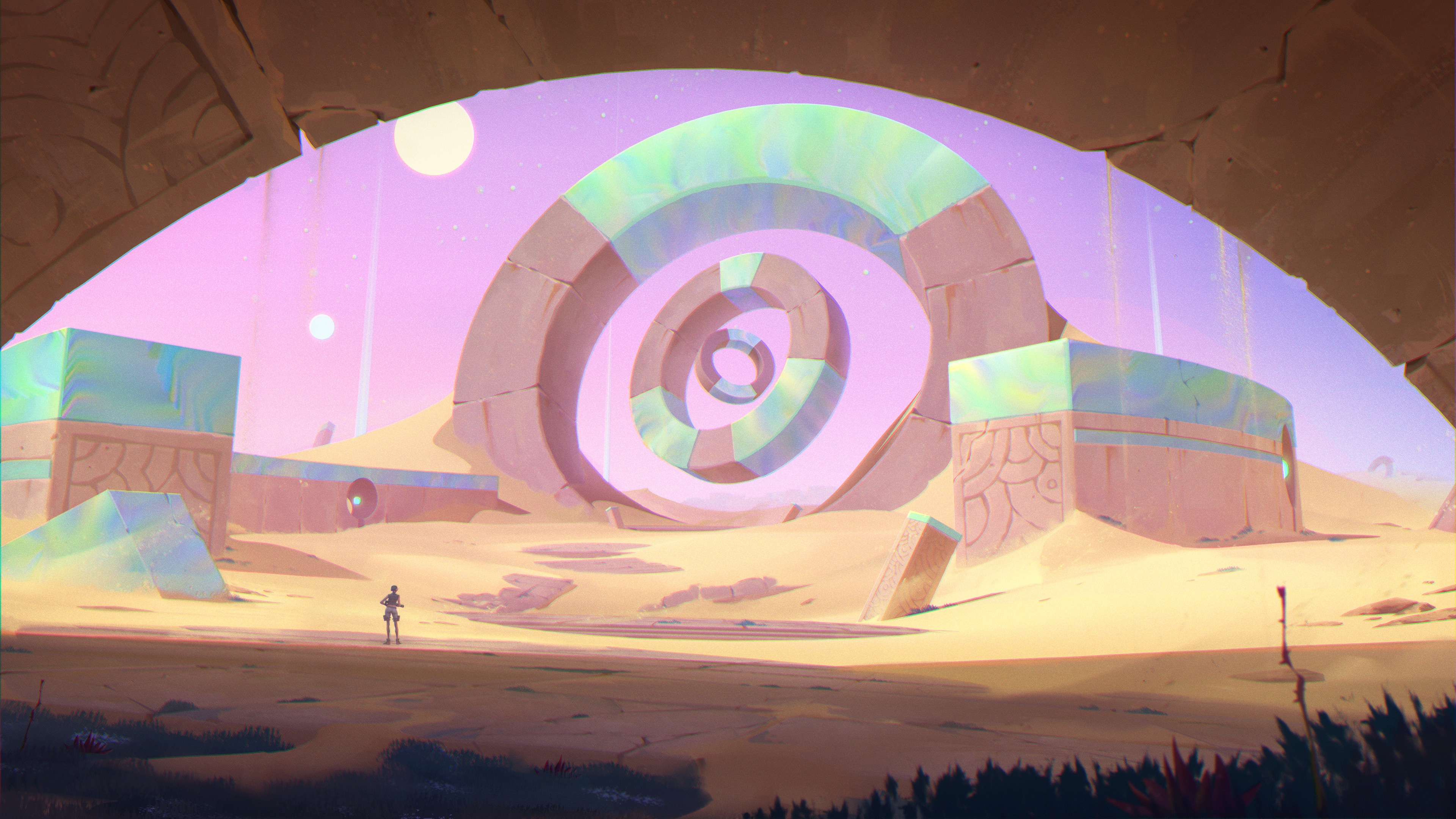 Desert landscape with ancient alien architecture HD Wallpaper