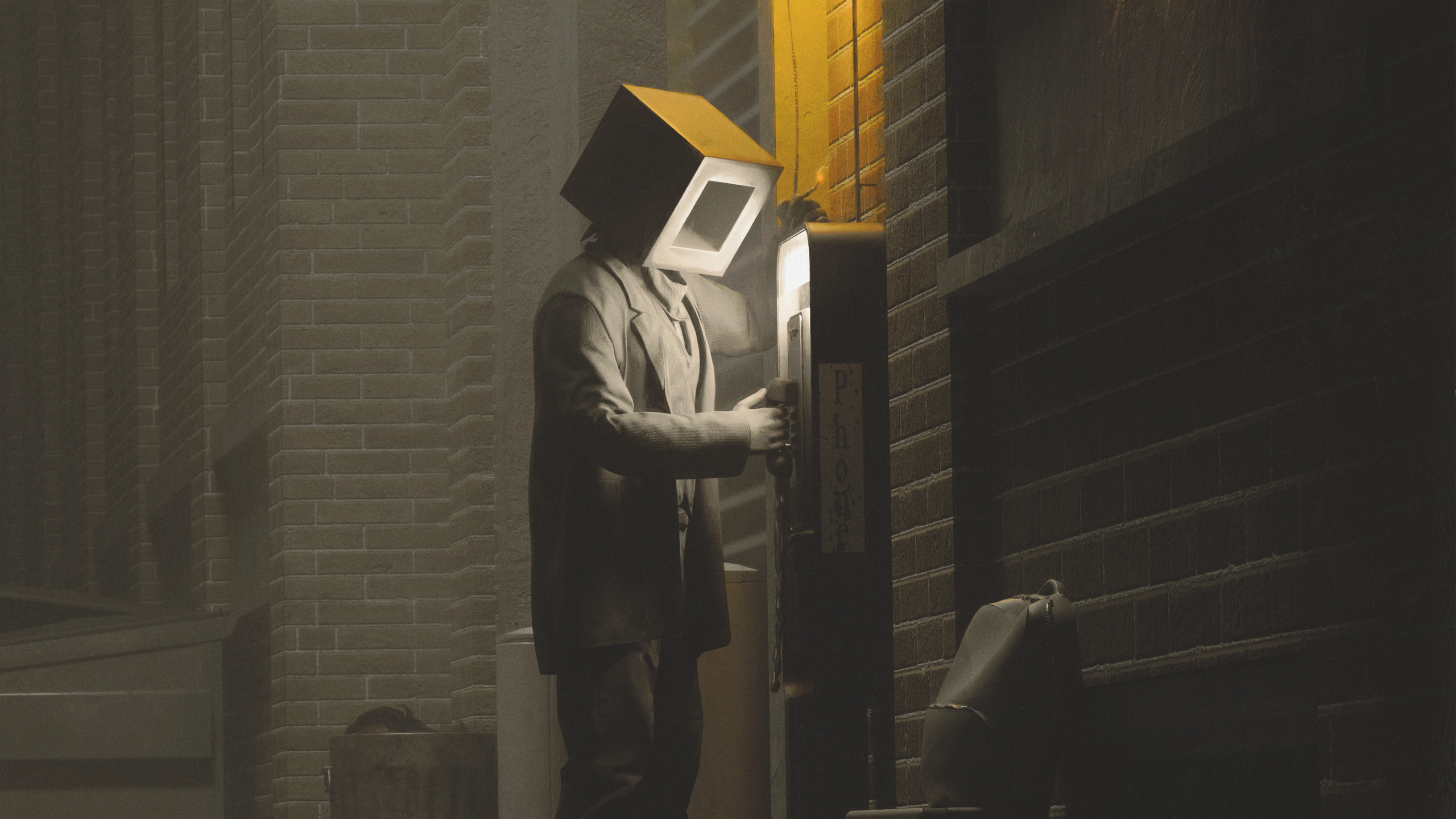 Man with cube head using a payphone on a street HD Wallpaper