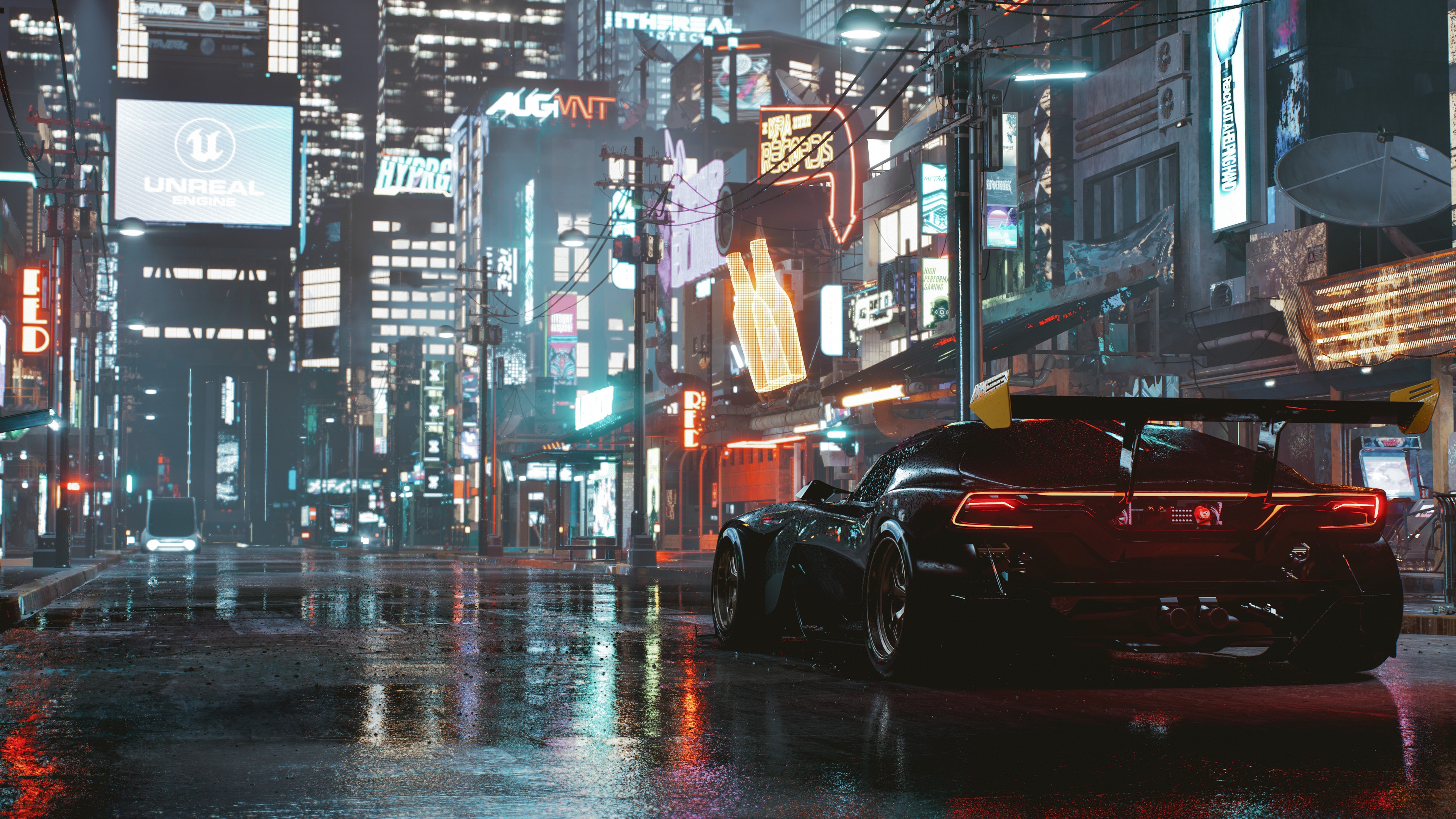 4K Futuristic City Street with Sports Car HD Wallpaper