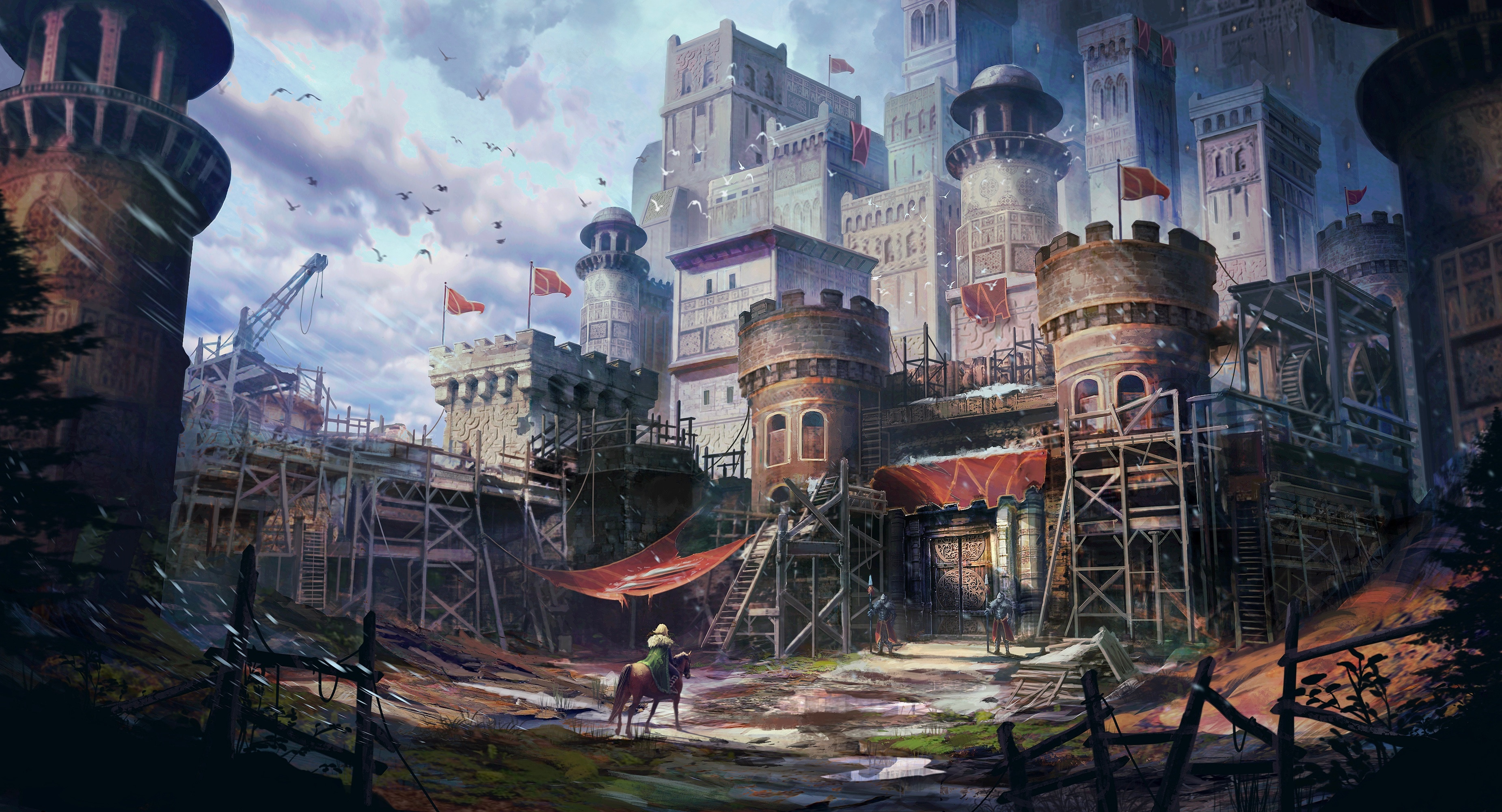 Medieval castle under construction with cranes and scaffolding HD Wallpaper