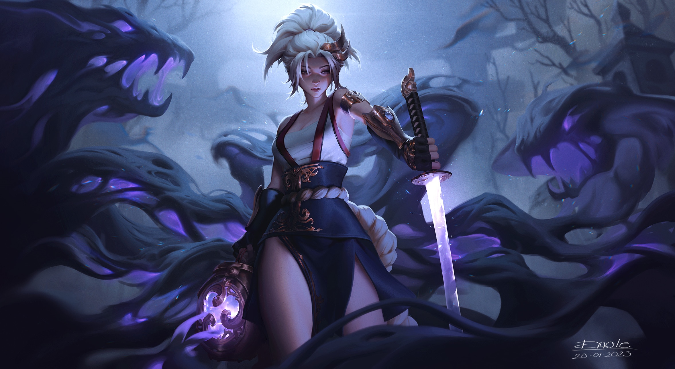 Woman with Katana and Shadow Creatures HD Wallpaper