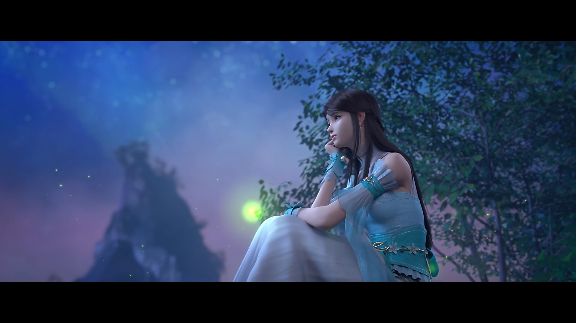 Asian woman in blue dress looking at the night sky HD Wallpaper