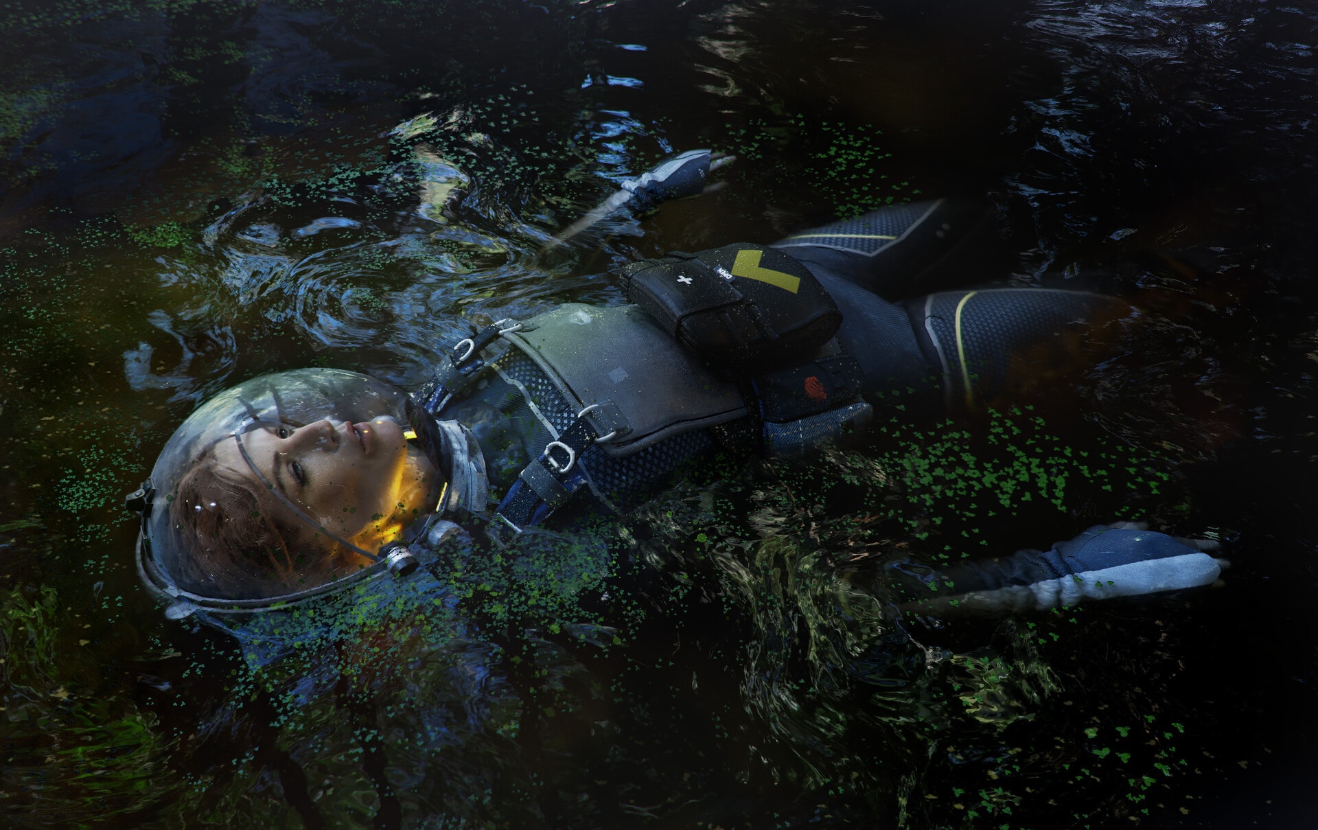 Woman in a spacesuit floating in dark water HD Wallpaper
