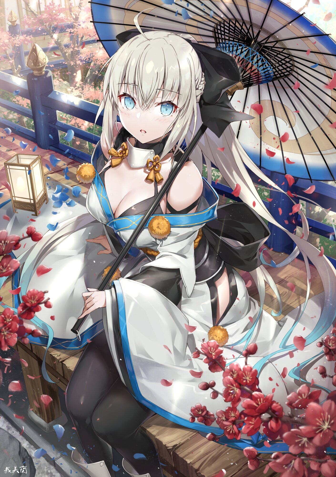 Morgan le Fay in Kimono with Umbrella and Flowers HD Phone Wallpaper