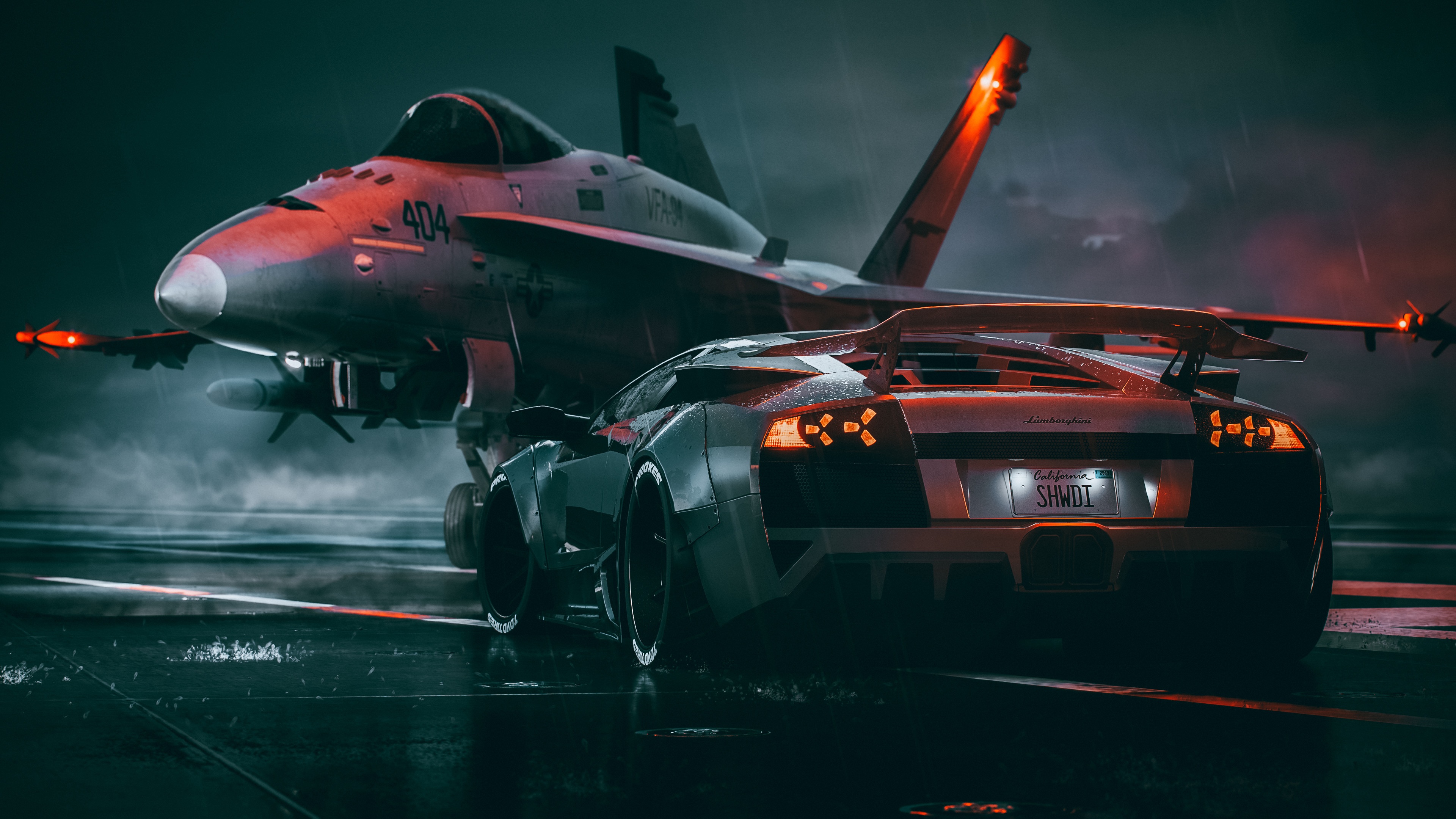 4K McDonnell Douglas F/A-18 Hornet and Lamborghini Murcielago HD Wallpaper