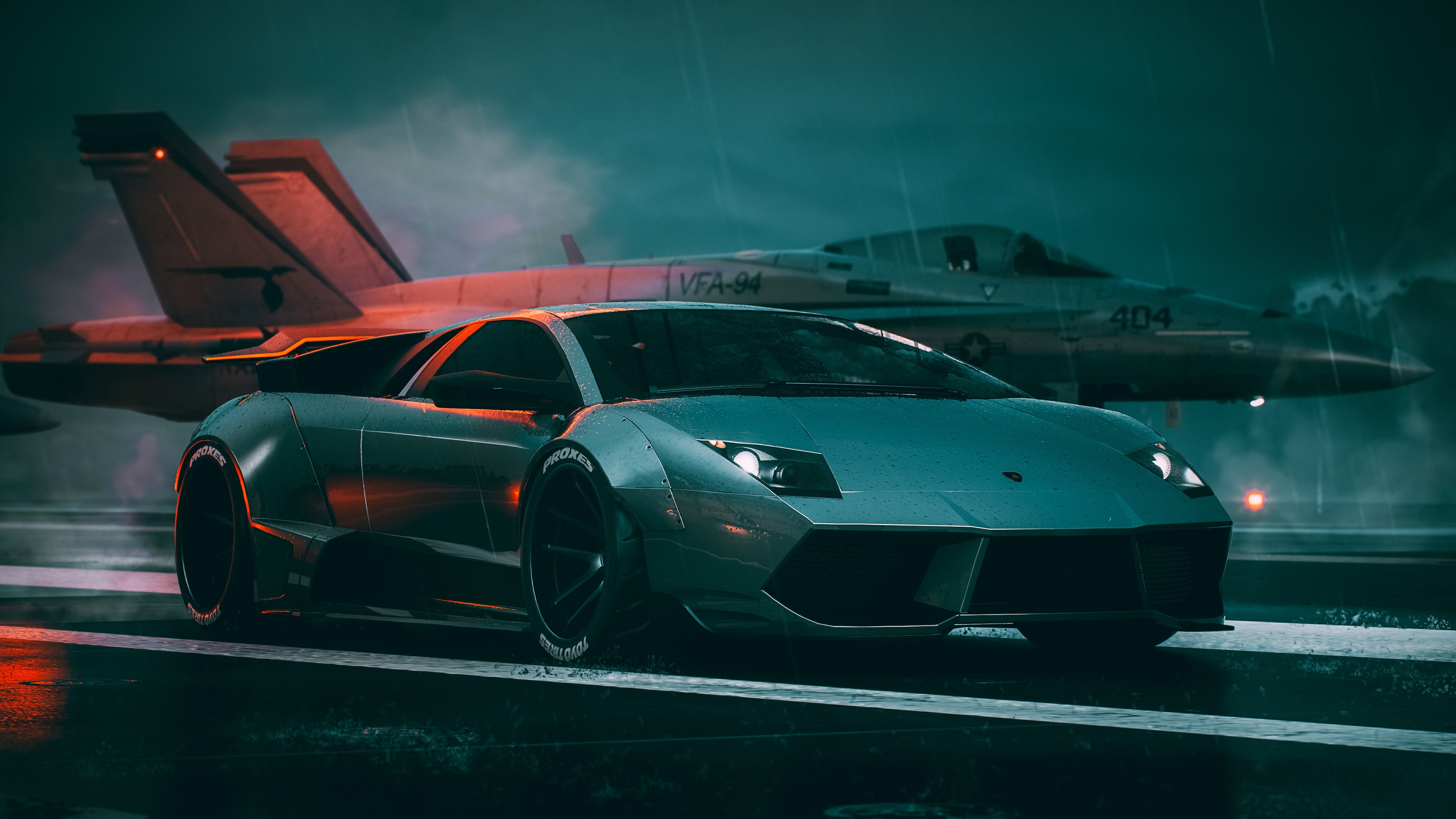 4K Lamborghini Murcielago and F/A-18 Hornet HD Wallpaper