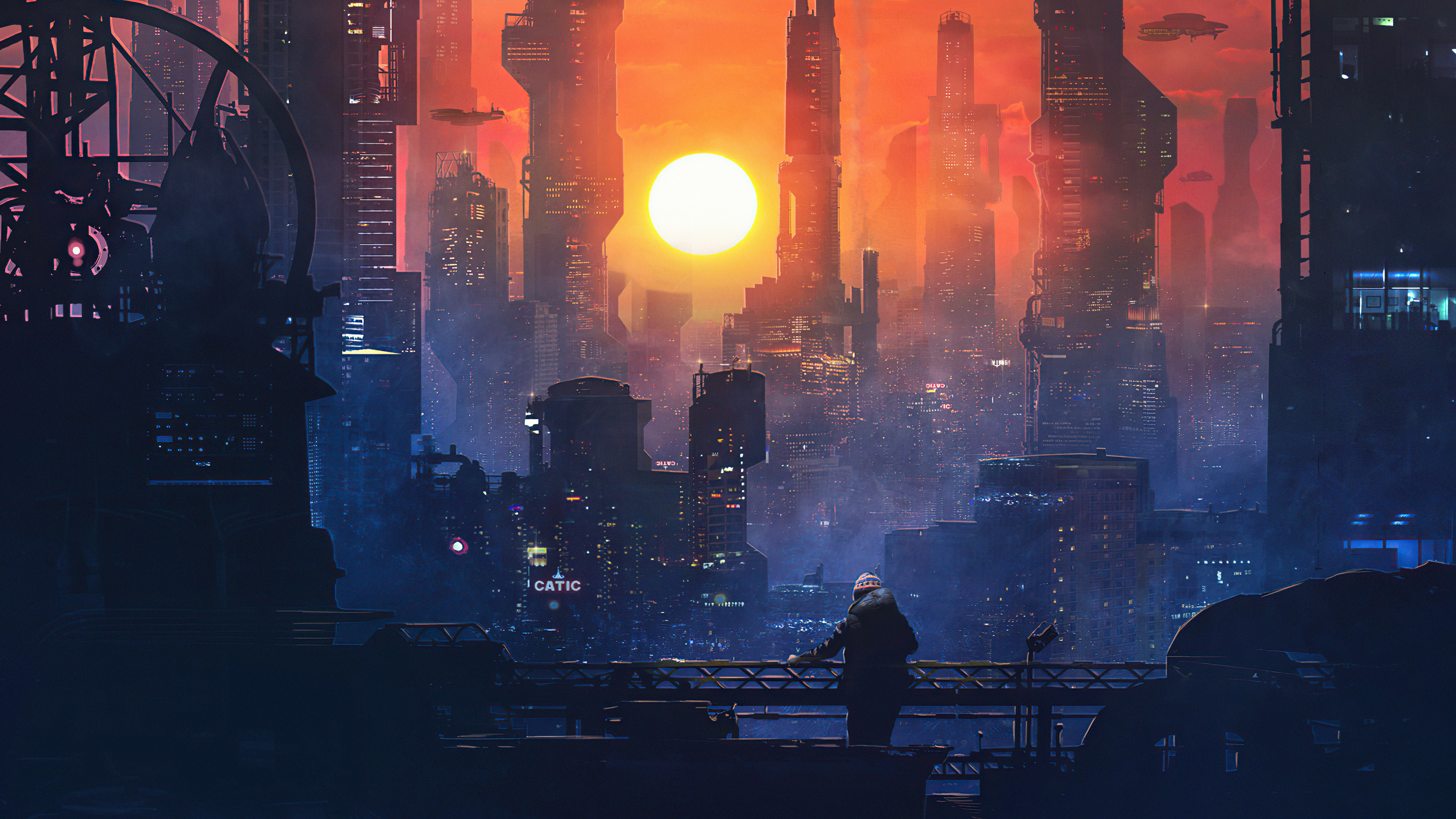 4K Futuristic Cityscape at Sunset HD Wallpaper