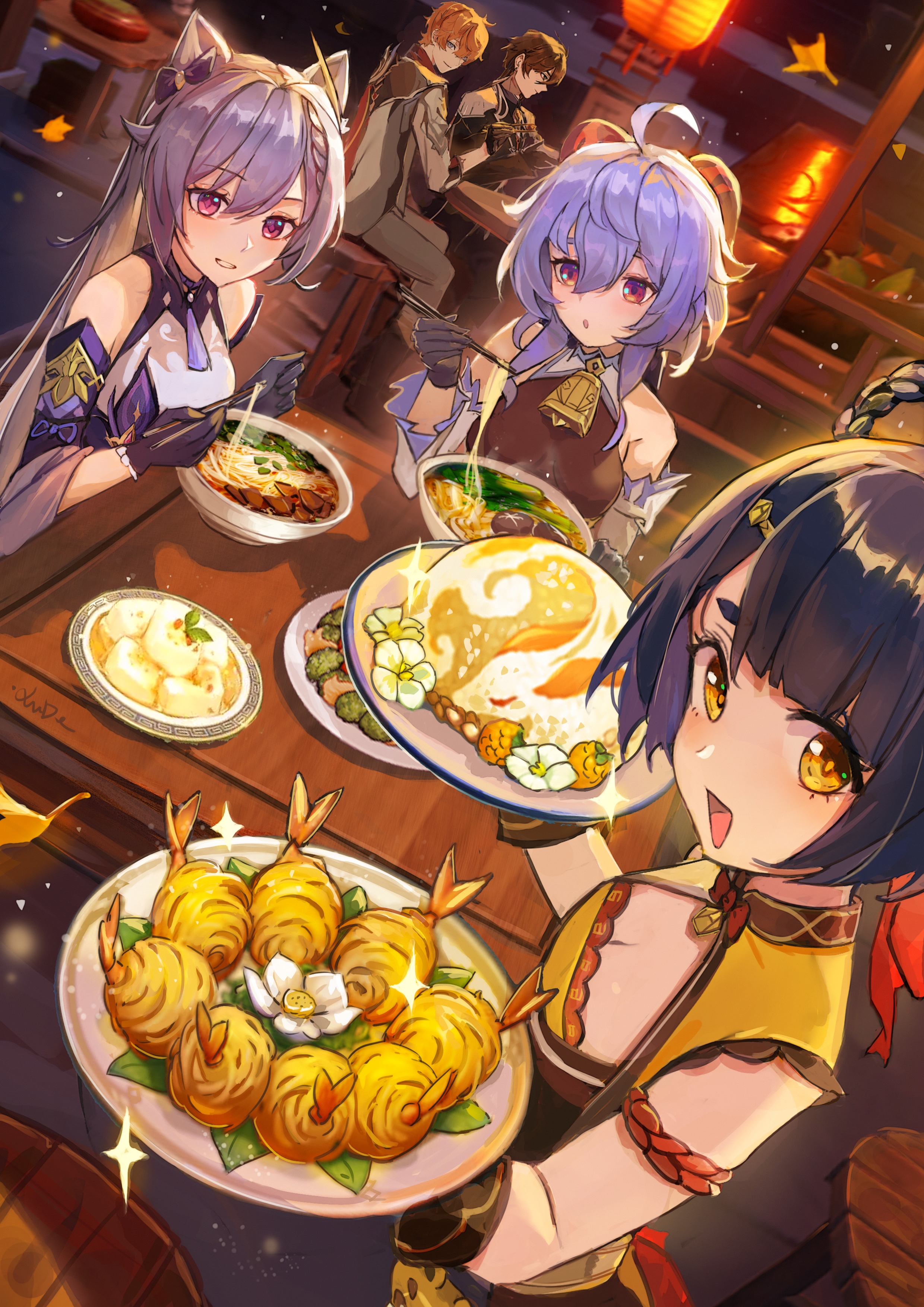 Genshin Impact characters enjoying a meal HD Phone Wallpaper