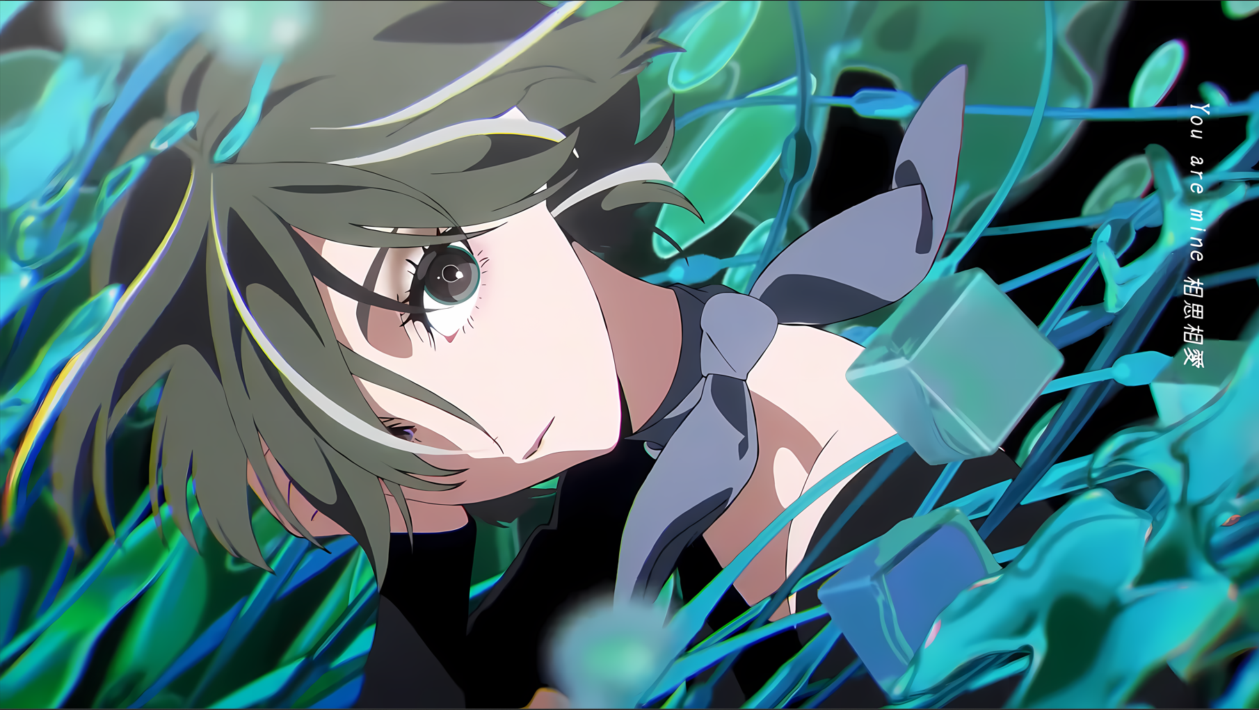 Anime girl with green hair and blue cubes HD Wallpaper