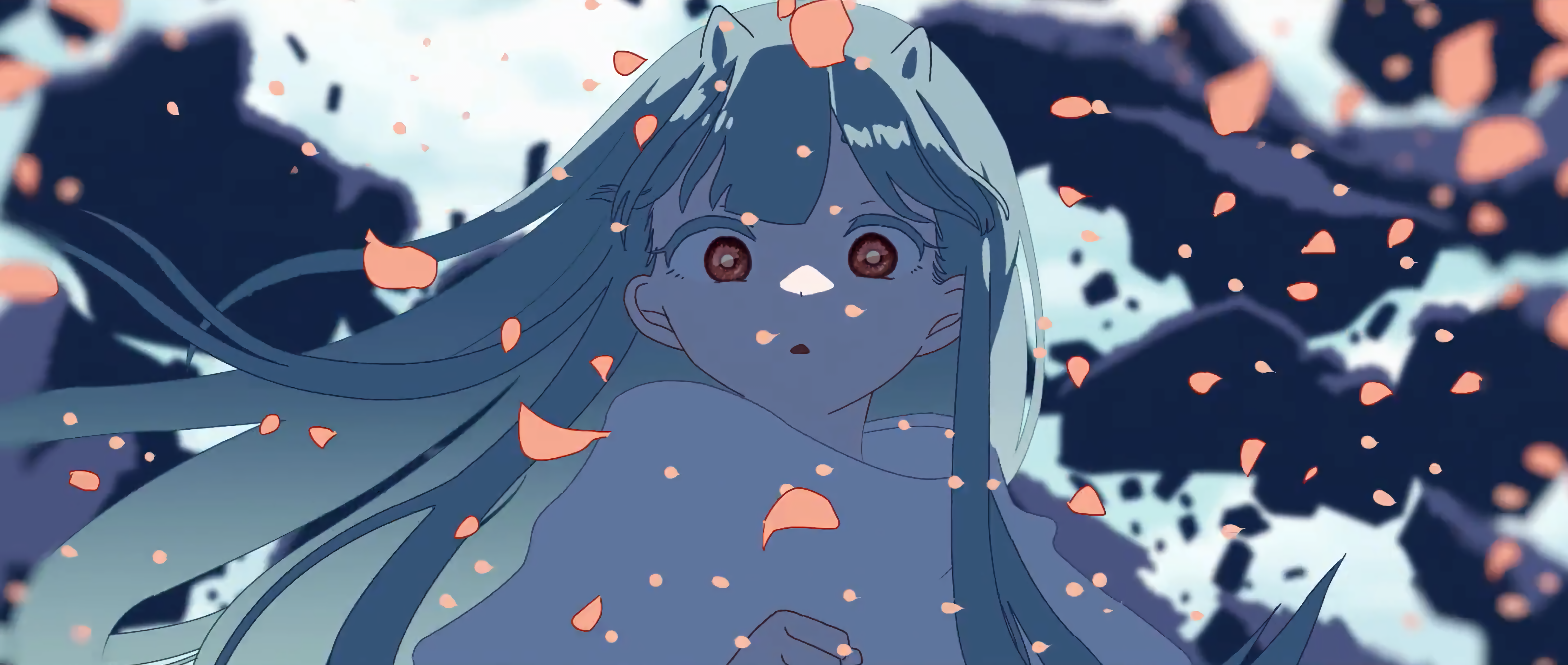 Anime girl with long hair and falling petals HD Wallpaper