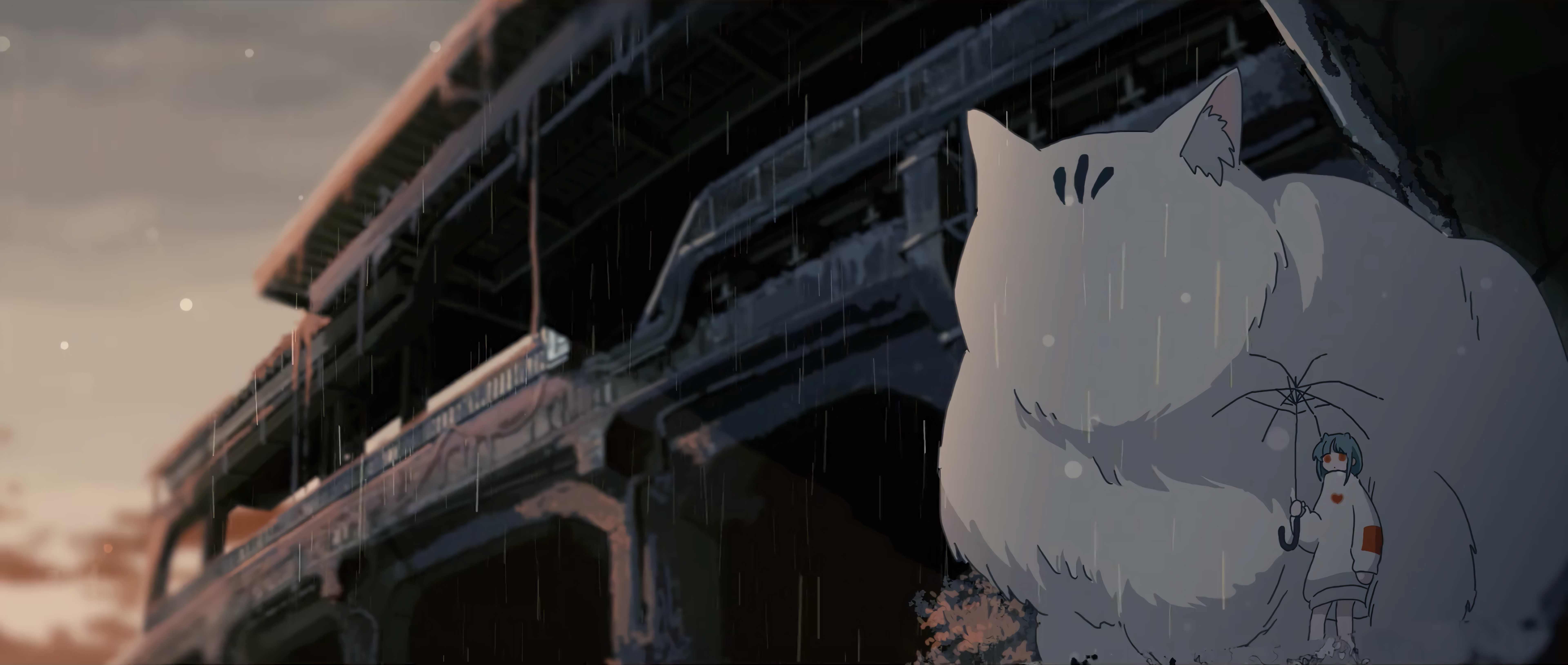 4K rain with a giant cat and a girl with an umbrella HD Wallpaper