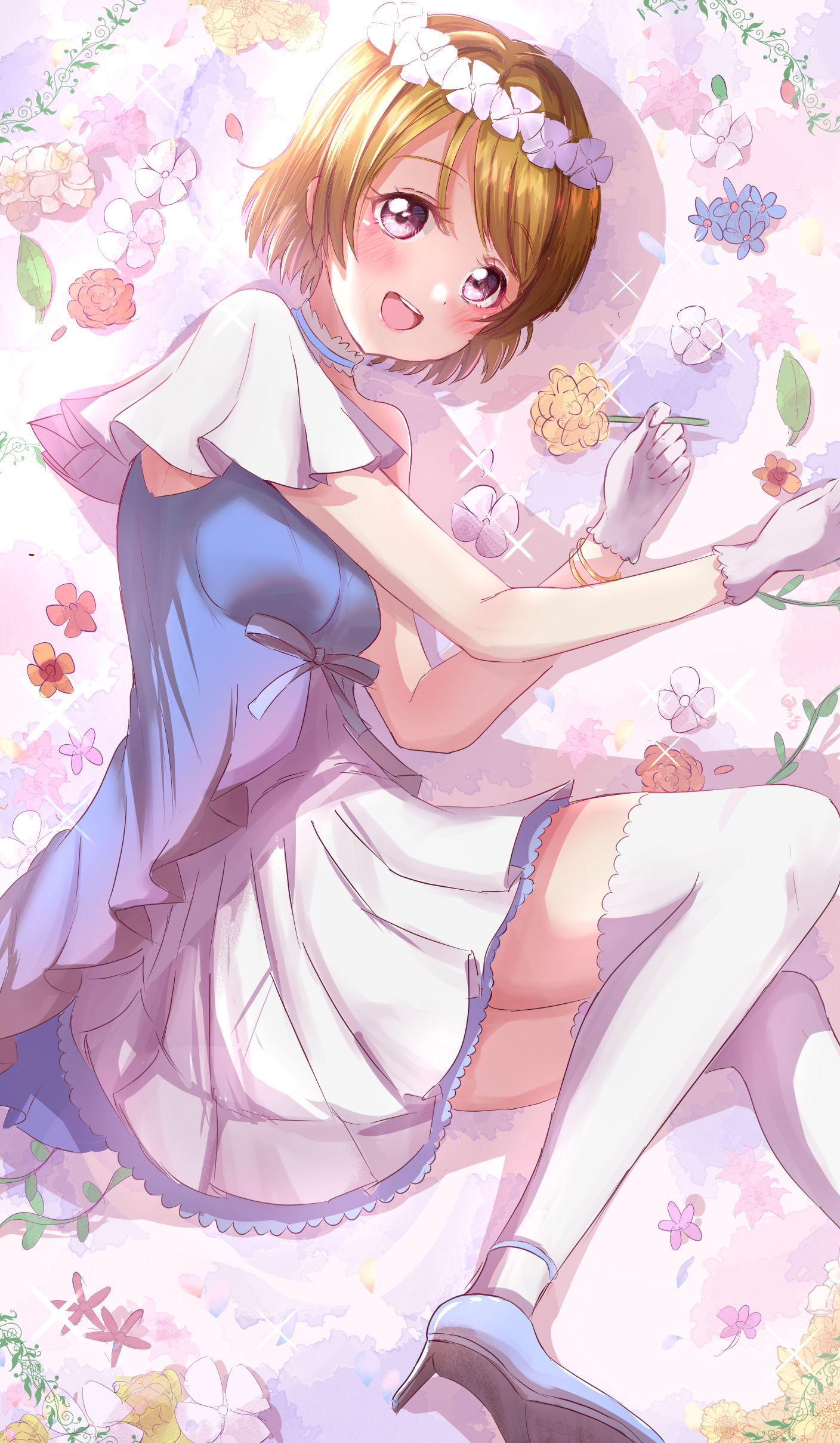 Koizumi Hanayo with Flowers in Hair and Blue Dress HD Phone Wallpaper