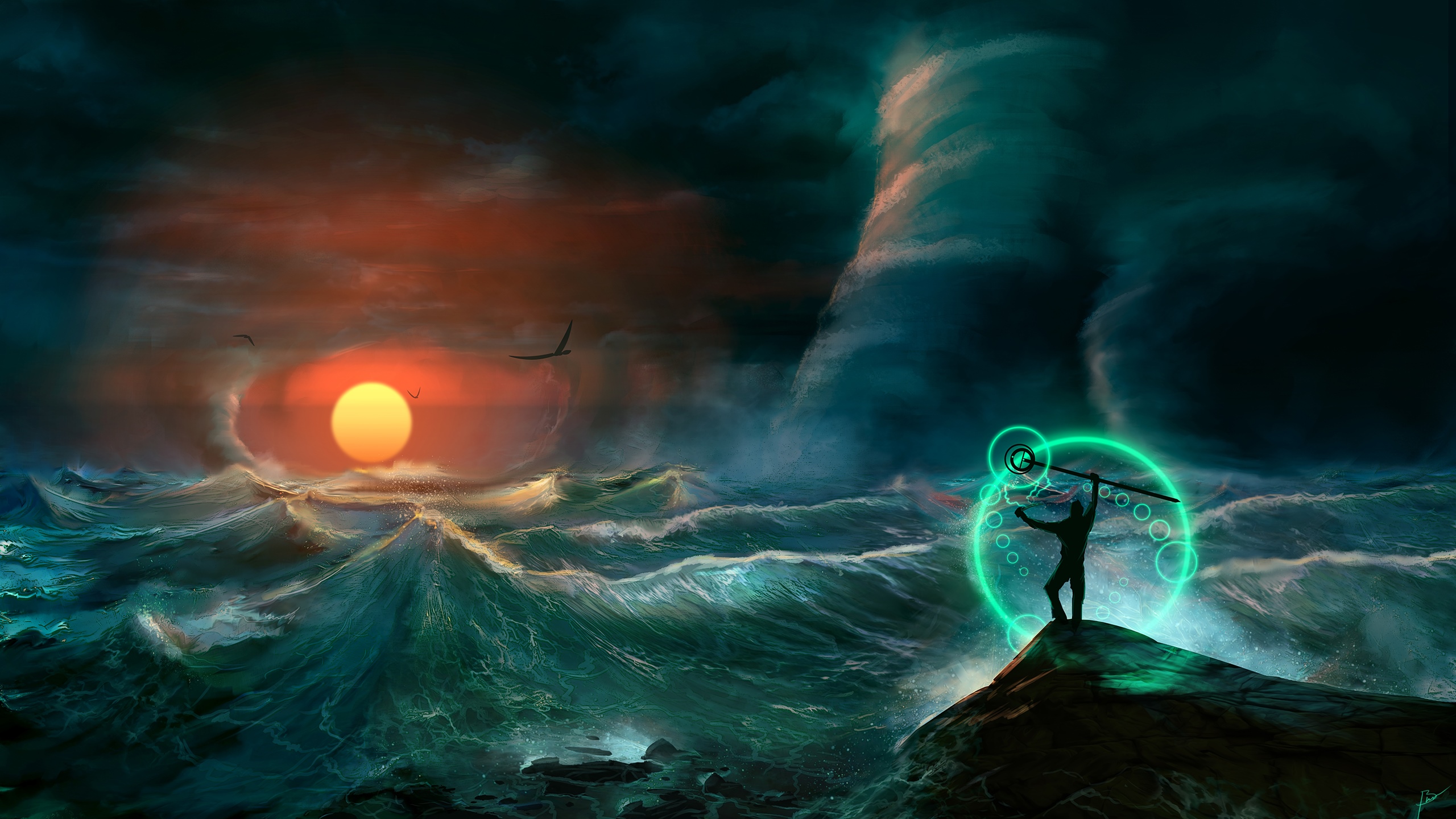 Fantasy art of a man controlling a storm at sea HD Wallpaper