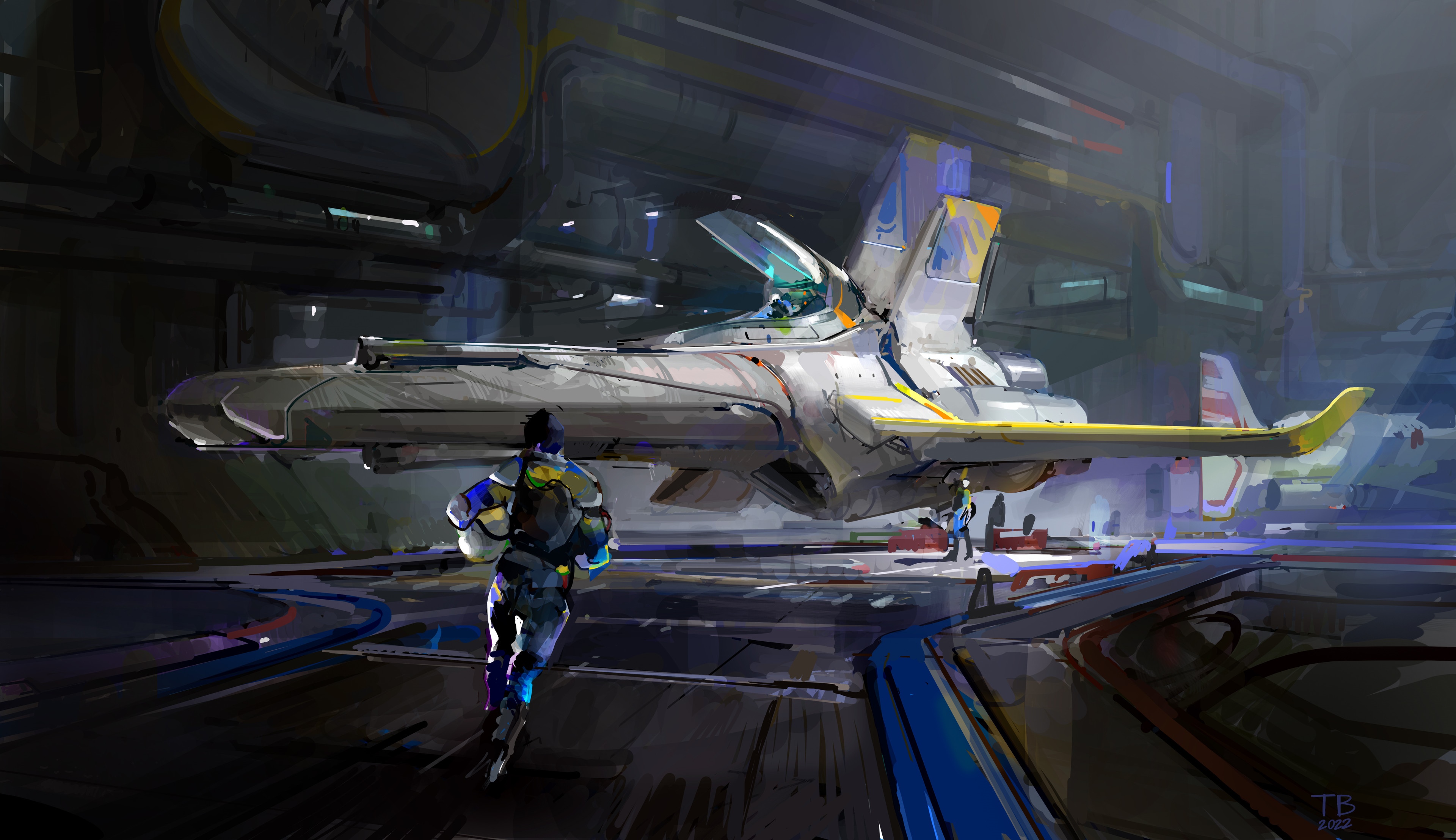 4K futuristic spaceship hangar sketch by Thomas Brissot HD Wallpaper