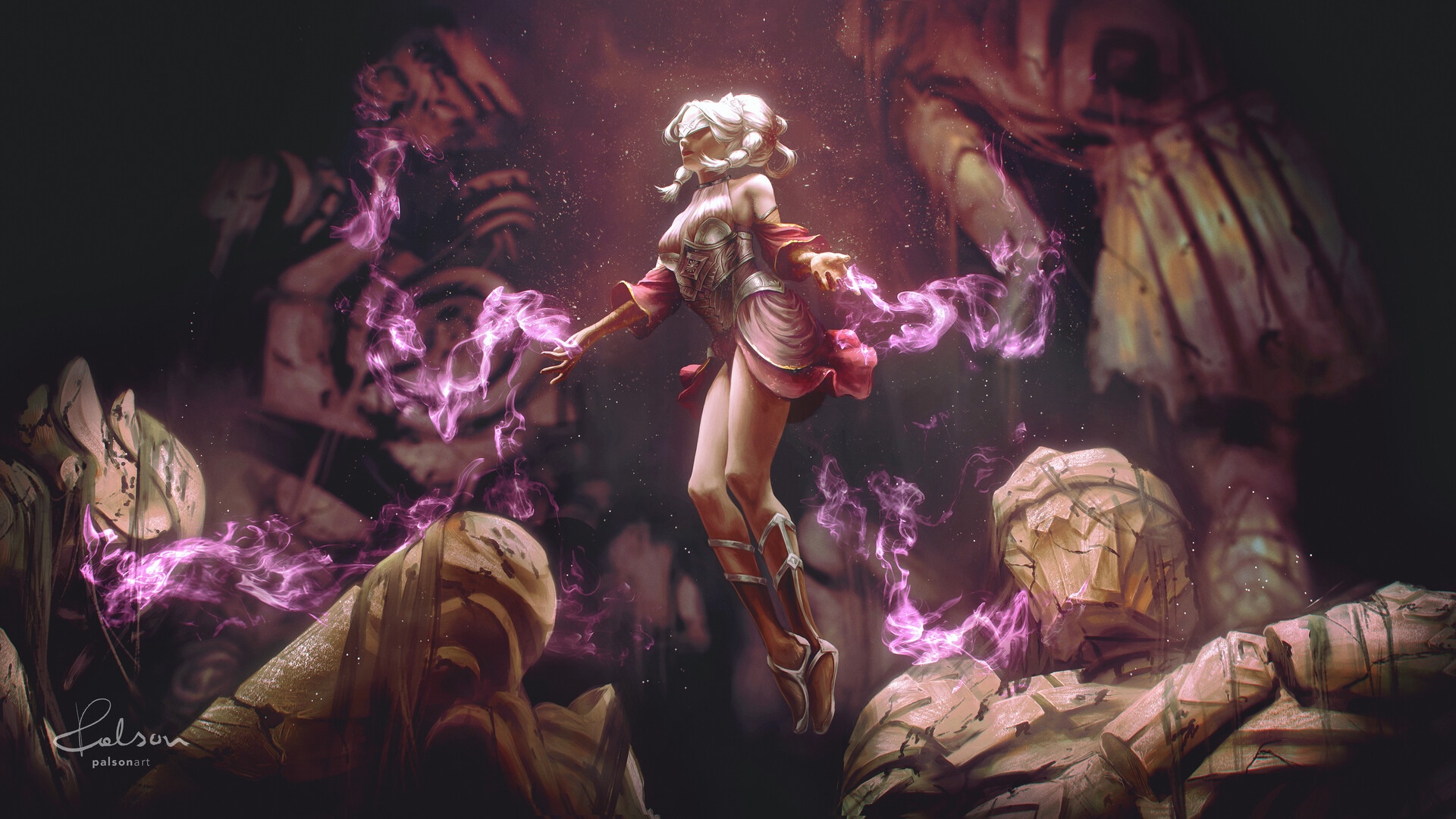 Fantasy girl with pink magic surrounded by broken statues HD Wallpaper