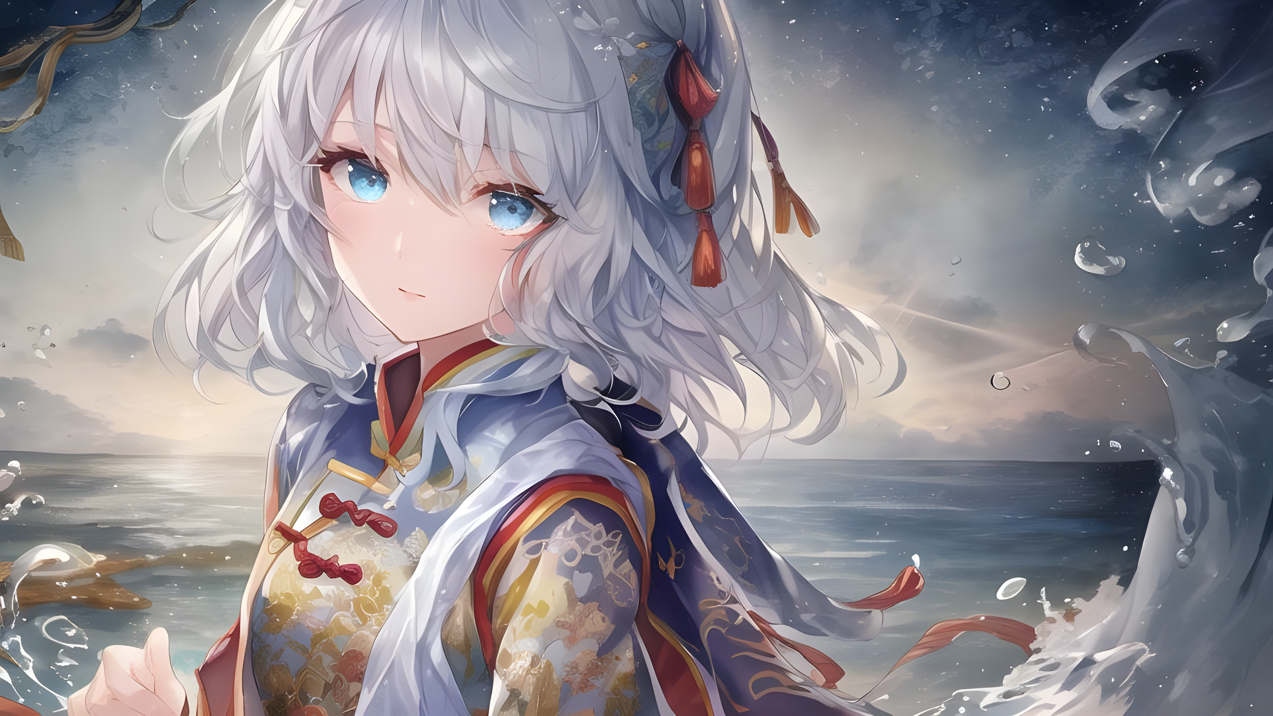 Girl with silver hair in Chinese dress by the sea HD Wallpaper