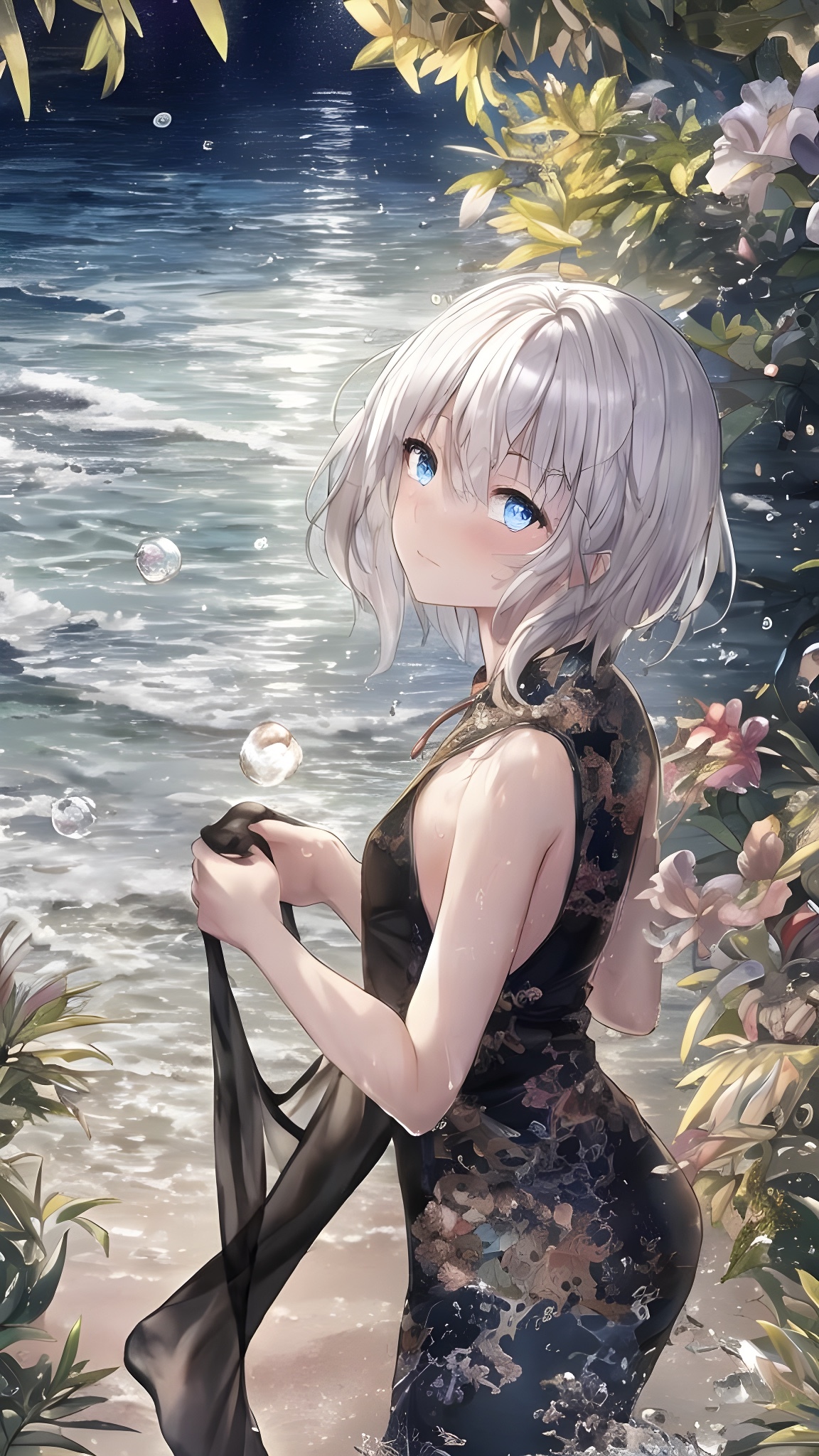 Silver-haired girl in Chinese dress by the water HD Phone Wallpaper