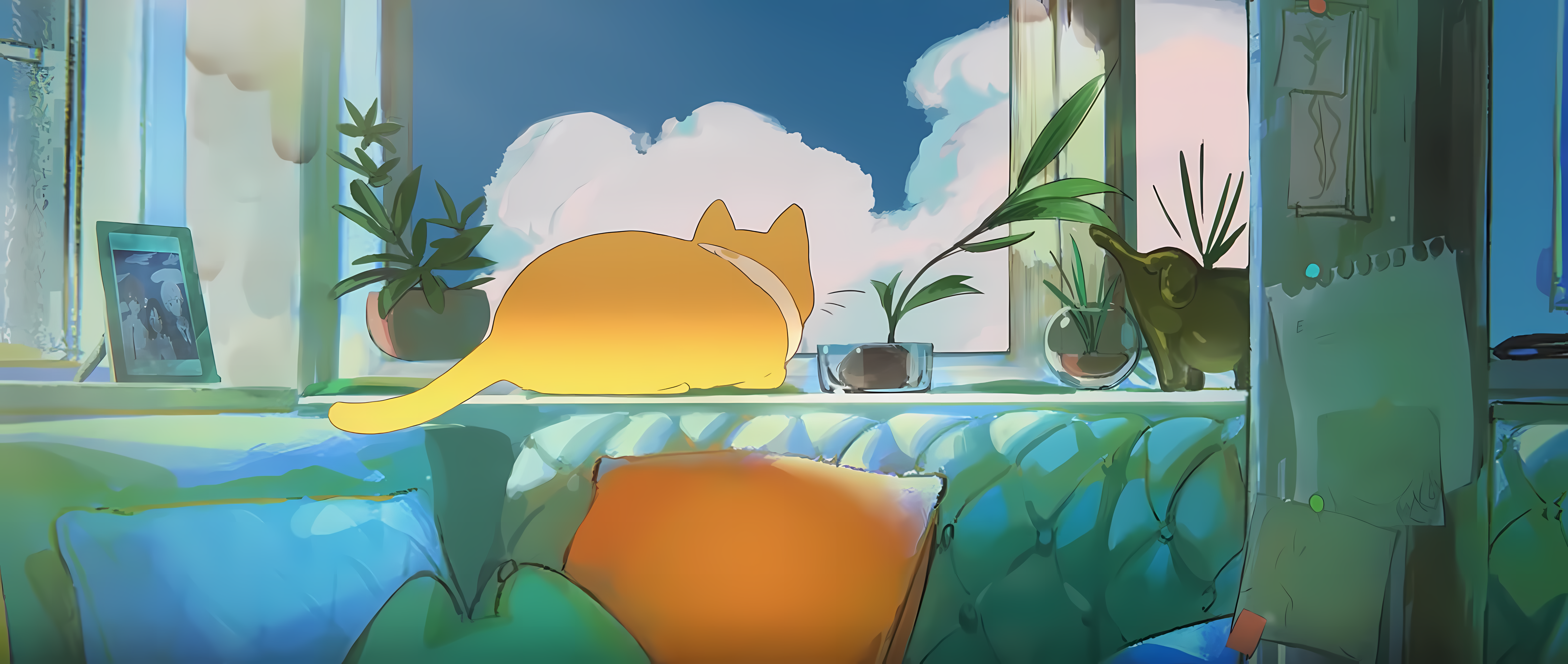 Orange cat on a couch looking out the window HD Wallpaper