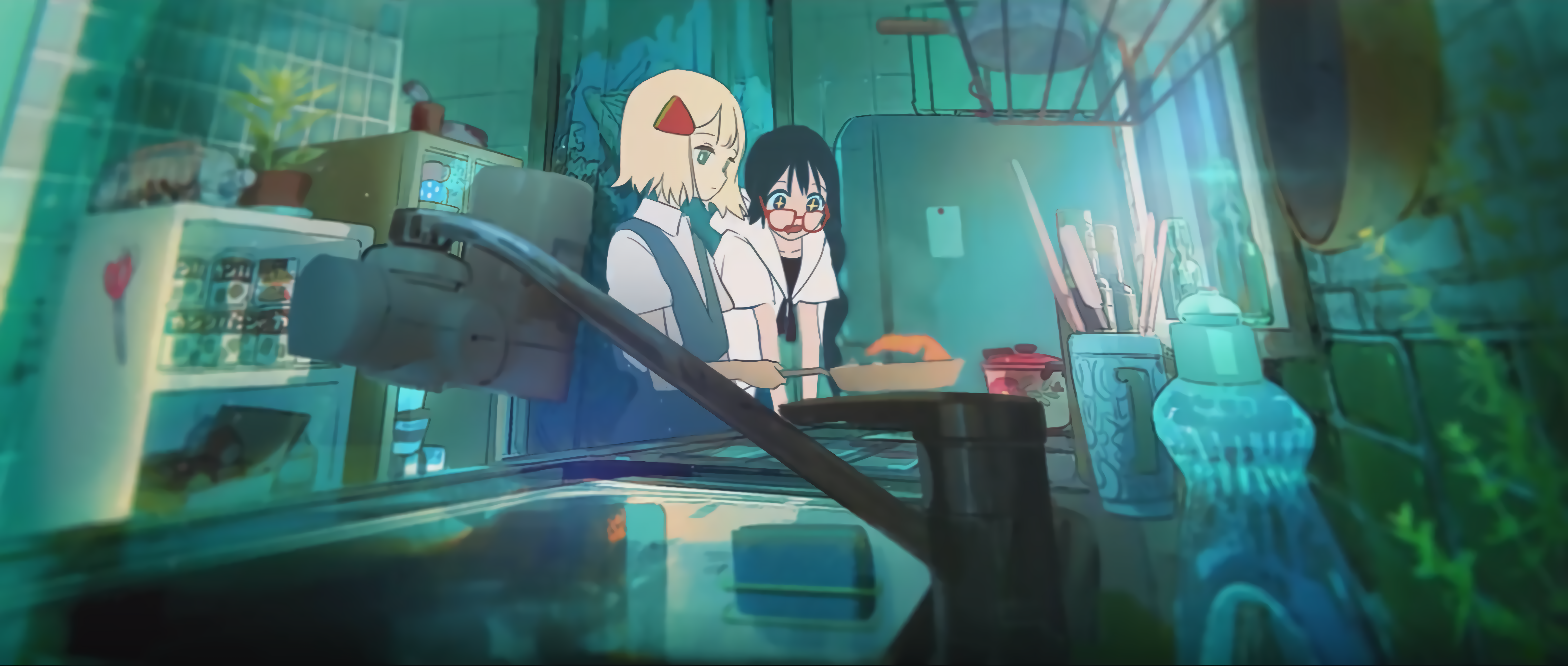4K kitchen scene with two girls cooking HD Wallpaper