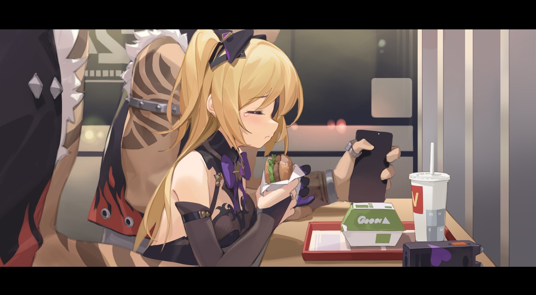 Fischl eating a burger with a drink and phone HD Wallpaper
