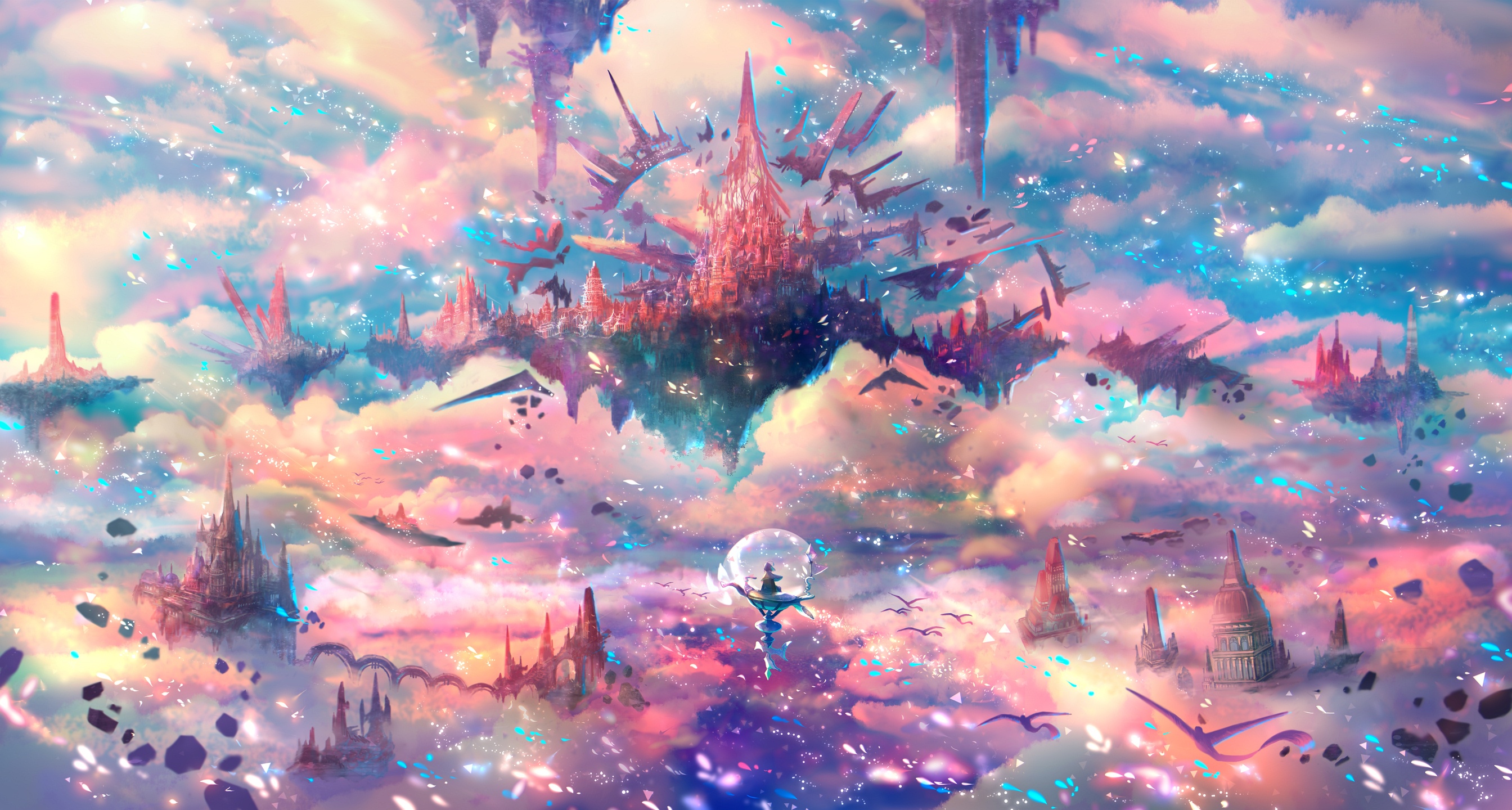Fantasy art of floating islands and castles in the sky HD Wallpaper