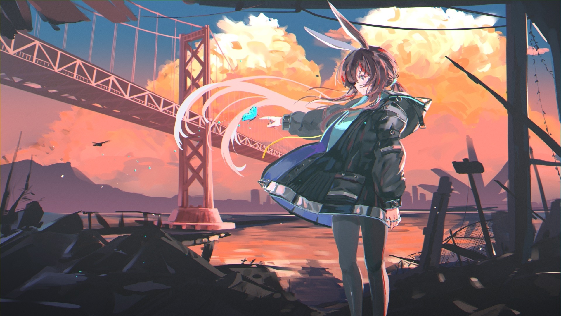 Amiya with bunny ears and butterfly near Golden Gate Bridge at sunset HD Wallpaper