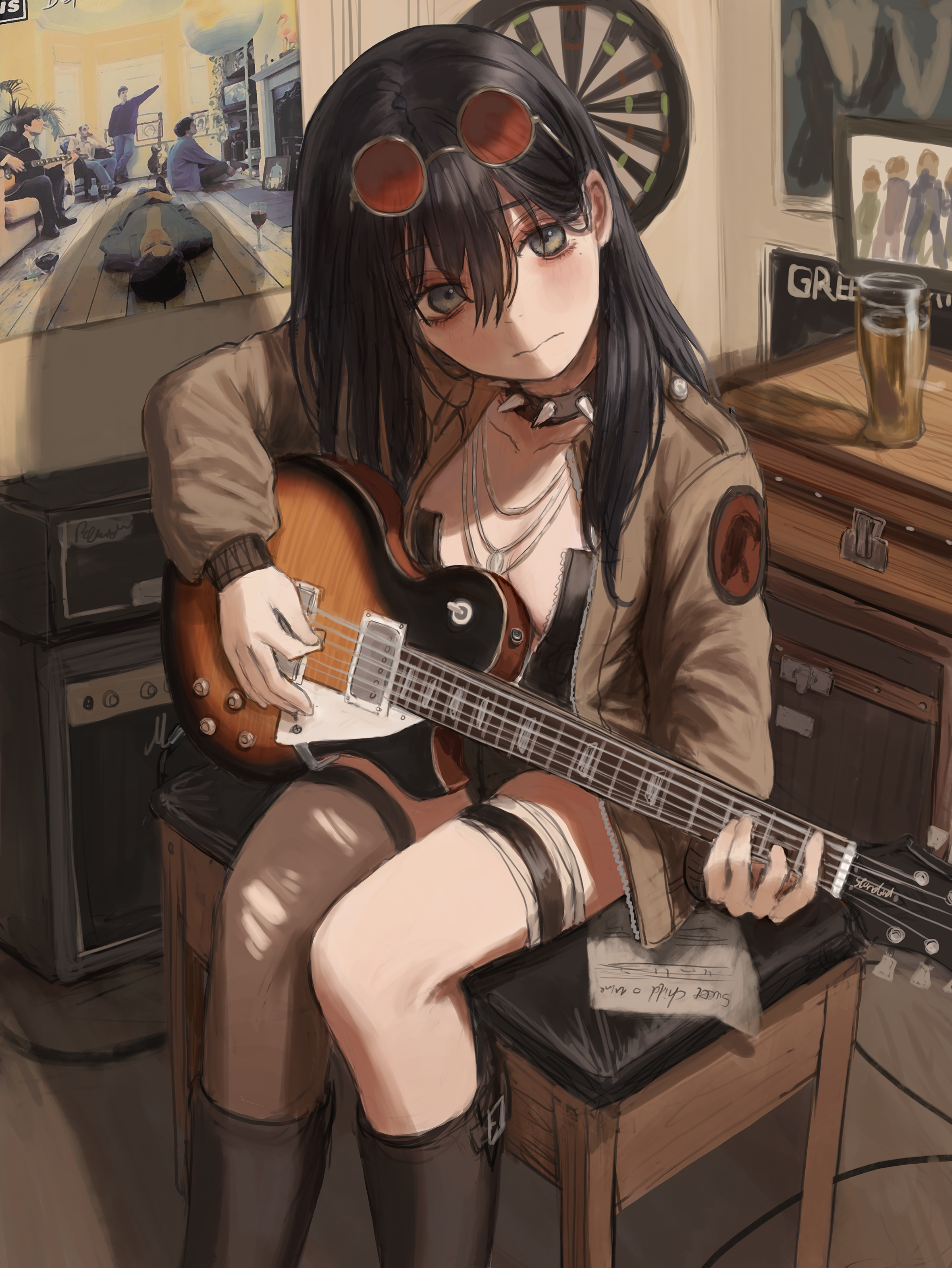 Anime girl playing guitar in a room HD Phone Wallpaper