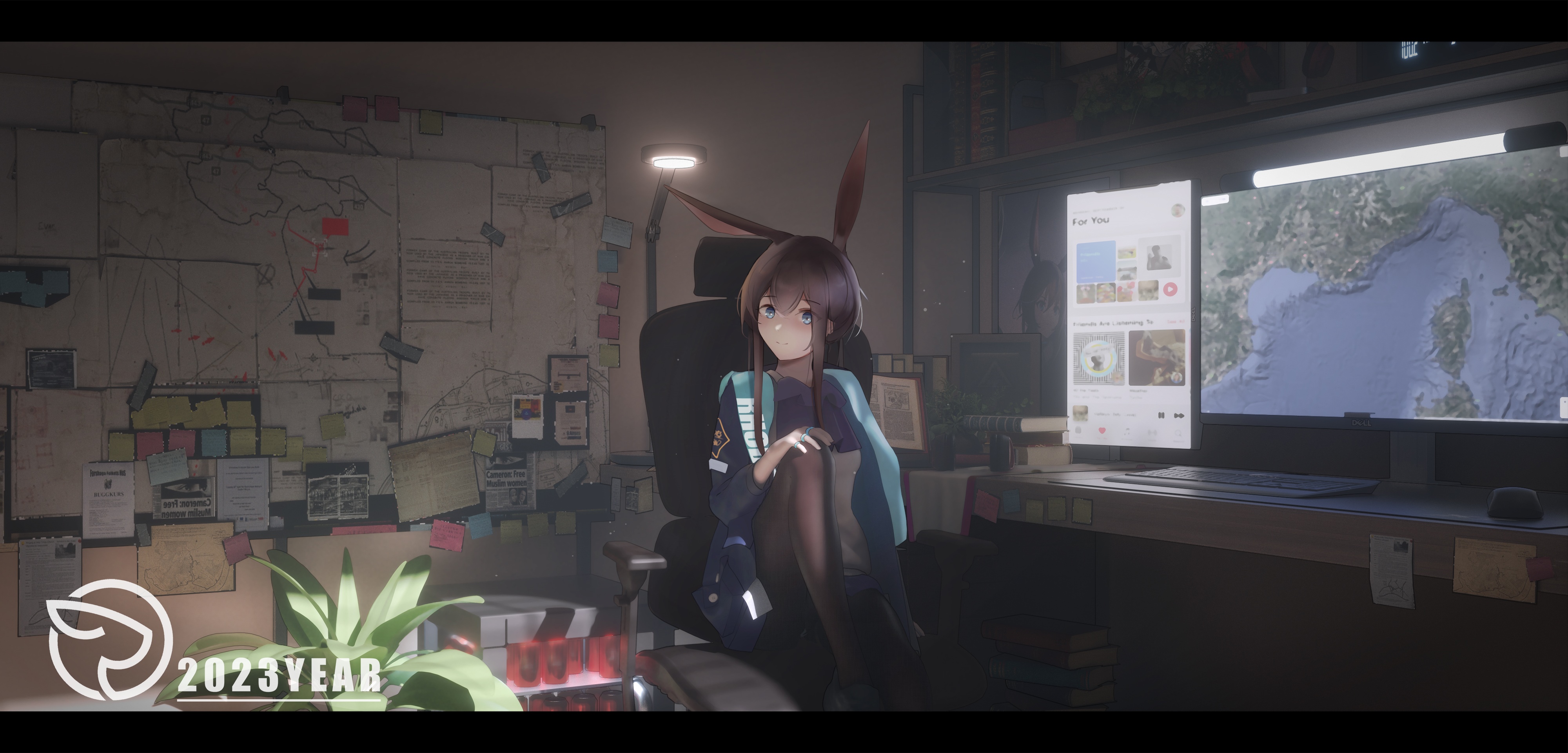 4K Arknights Amiya in an office with maps and monitors HD Wallpaper