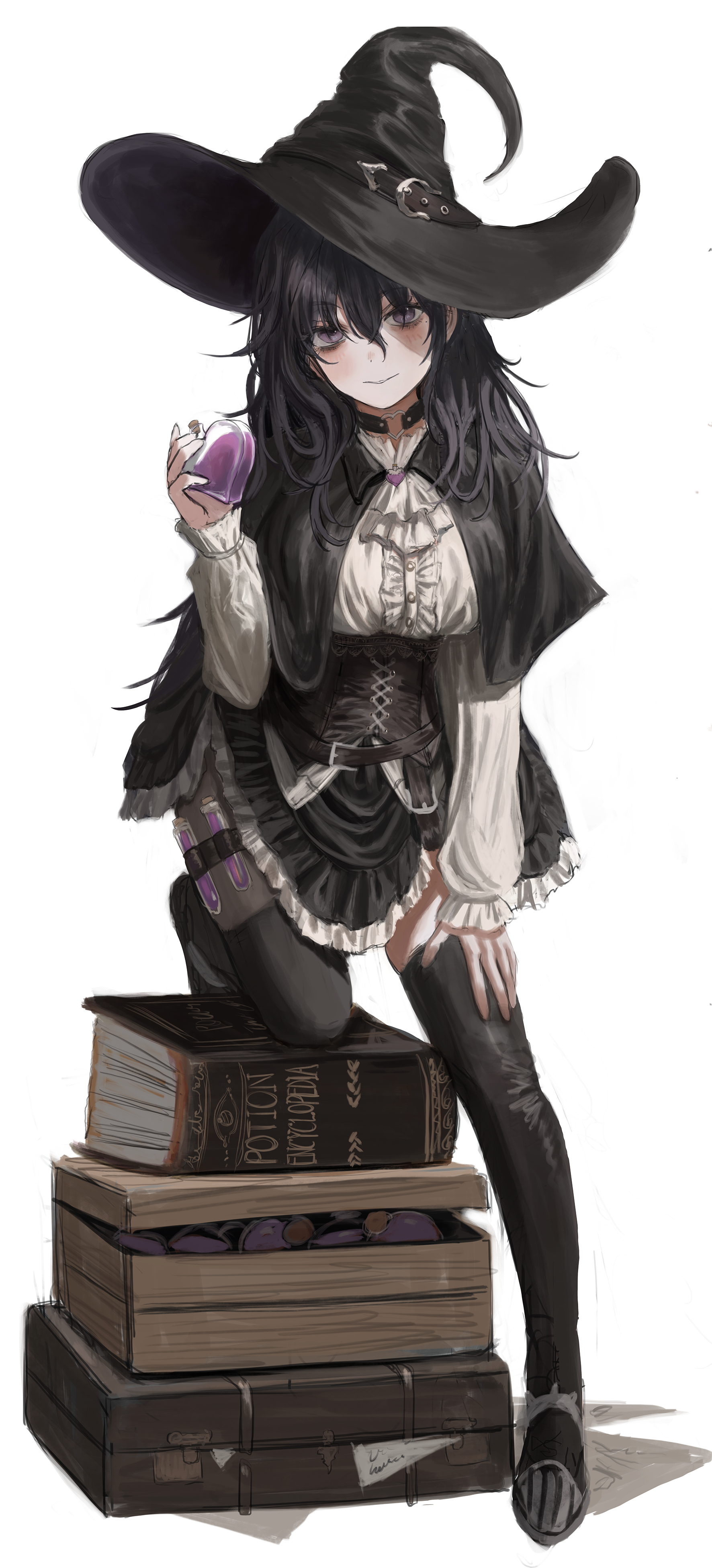 Anime witch girl with potions and books HD Phone Wallpaper