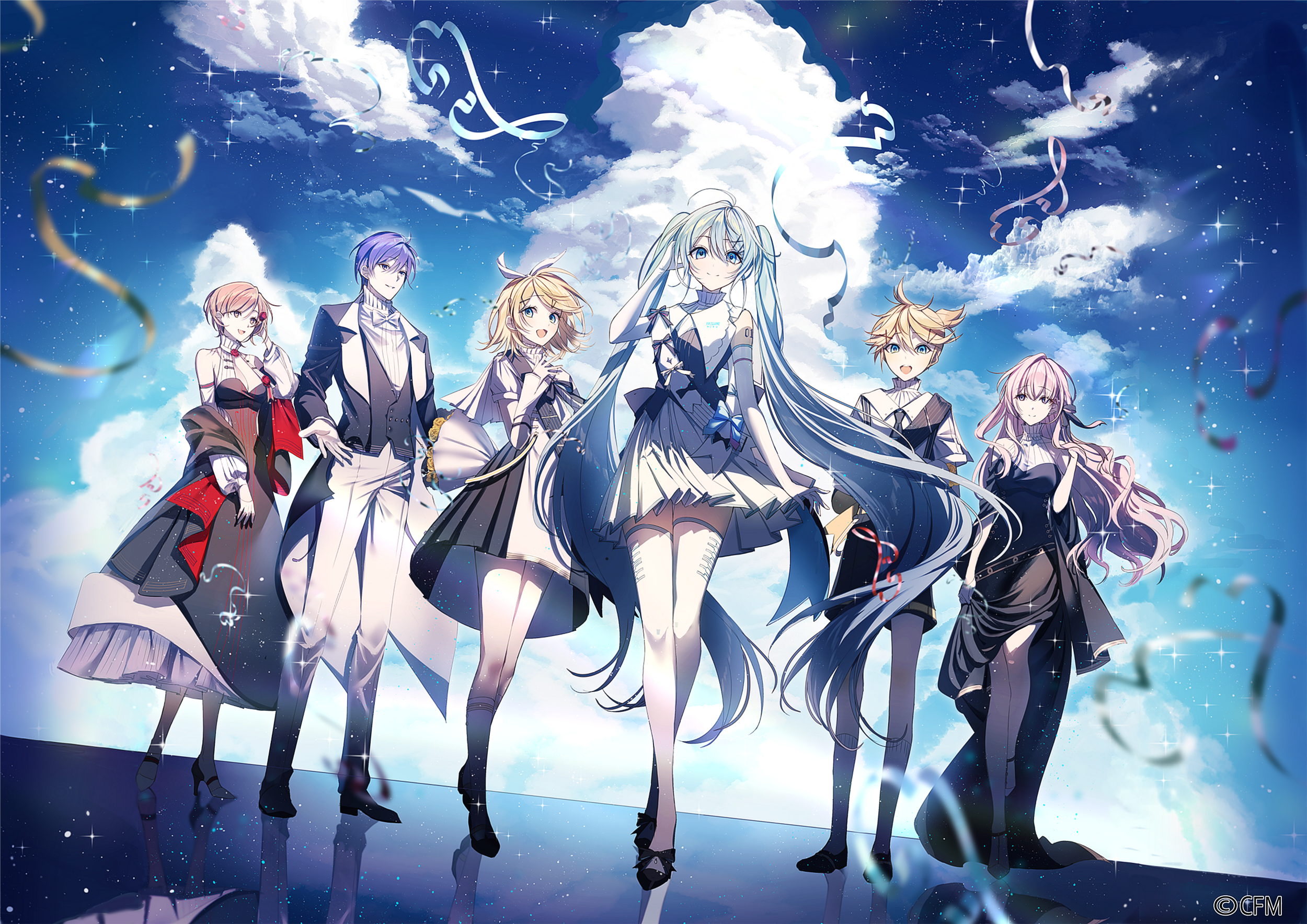Vocaloid characters in formal attire under a starry sky HD Wallpaper