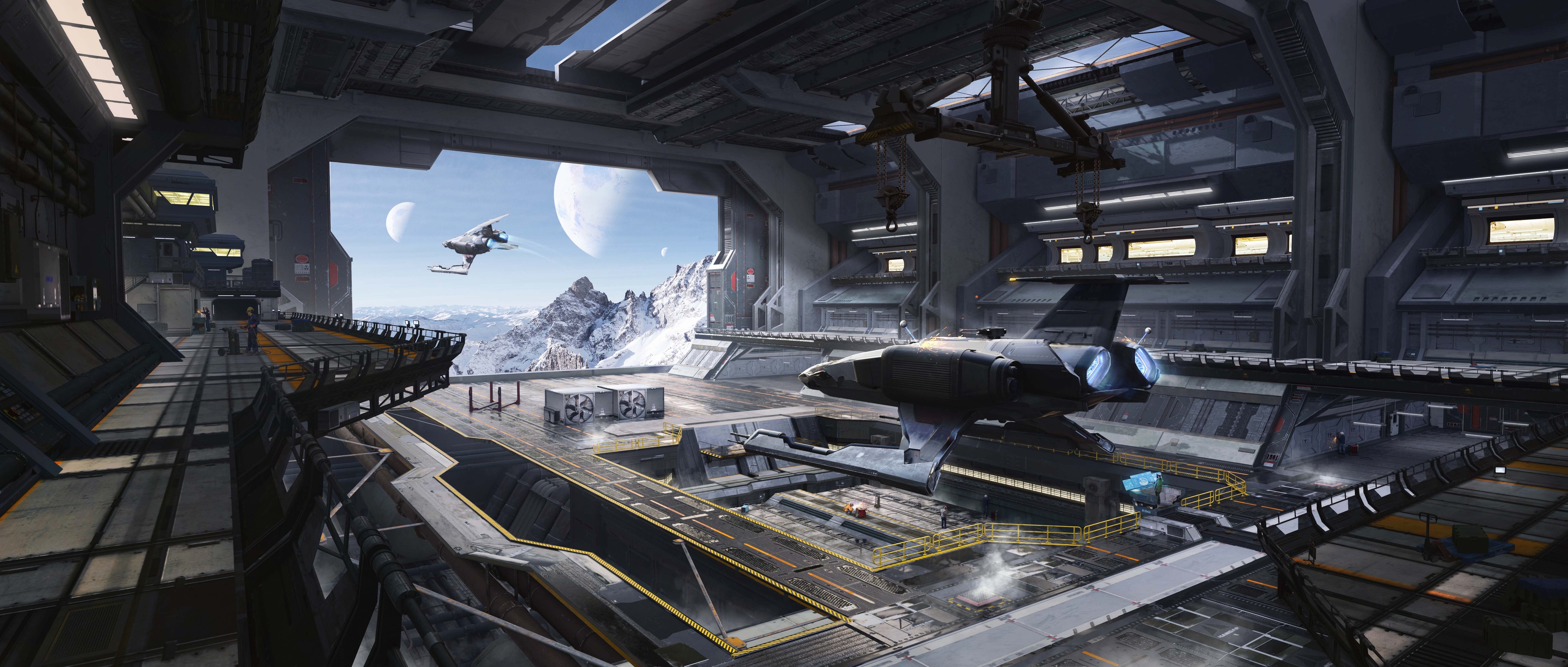4K Futuristic Spaceship Hangar with Mountains HD Wallpaper