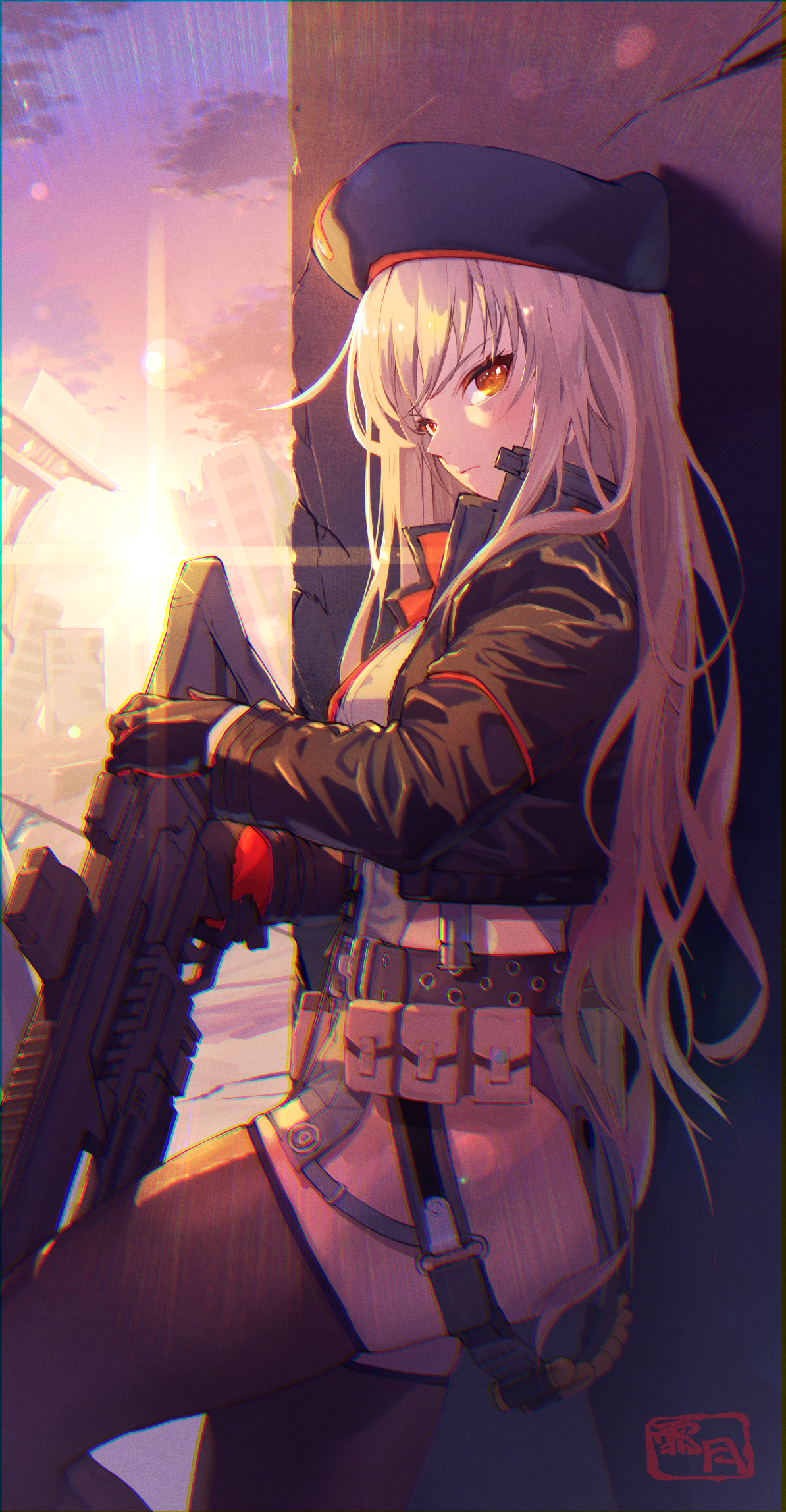 Nikke: Rapi with a gun at sunset HD Phone Wallpaper