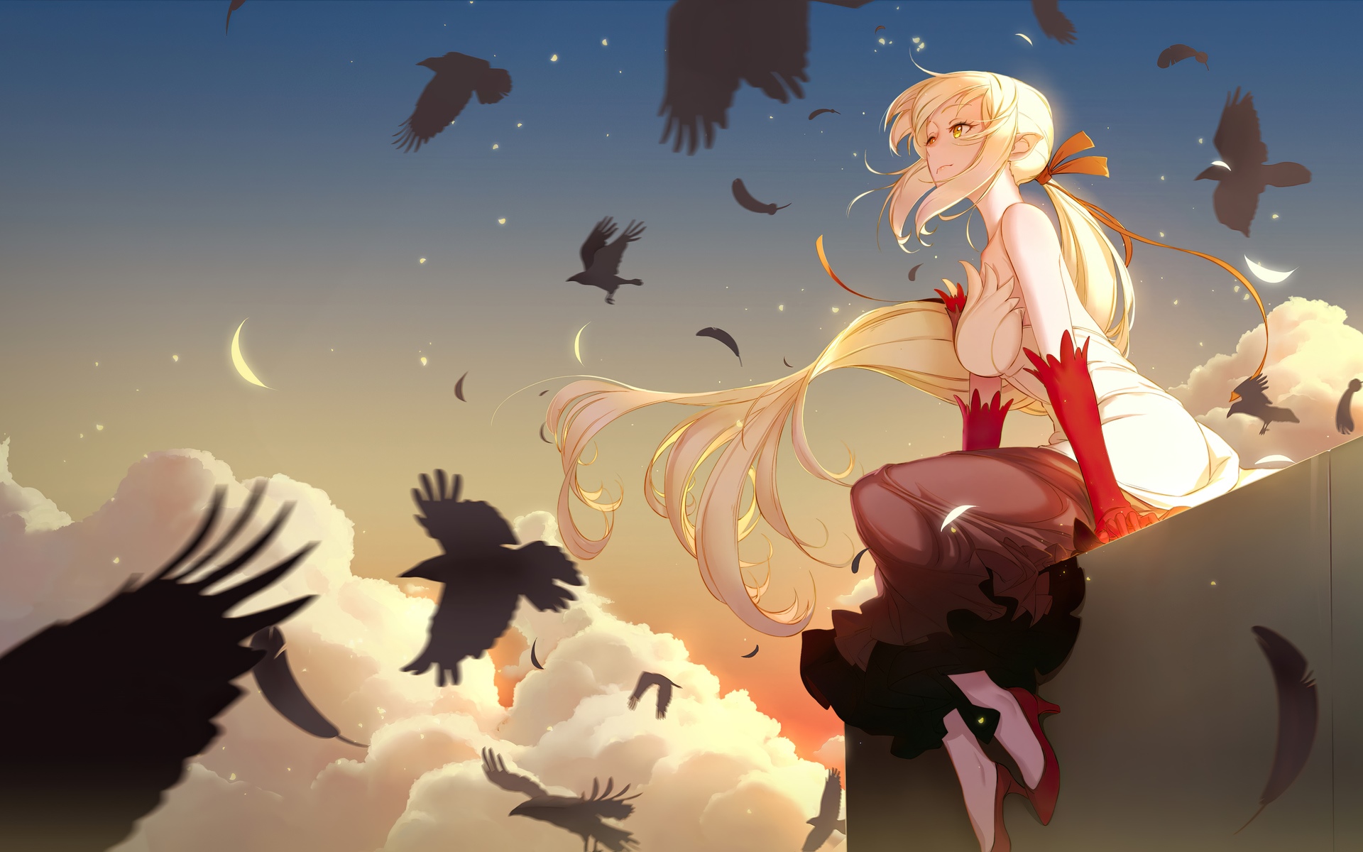 Oshino Shinobu sitting on a ledge with birds flying HD Wallpaper